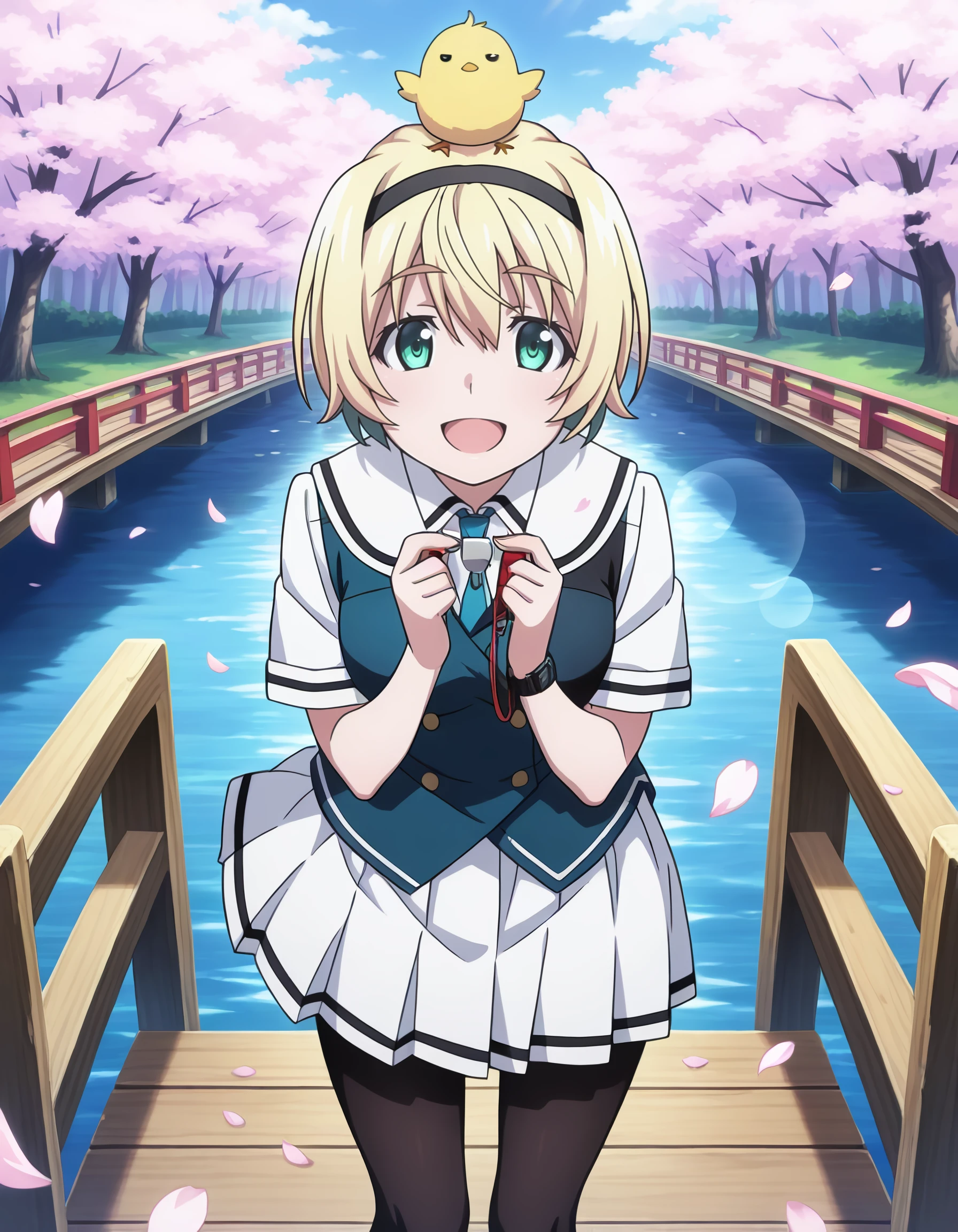 <lora:sakurako_kujirase_IL:1> rating:safe, sakurako_kujirase, short_hair, hairband, blonde_hair, hair_between_eyes, green_eyes, aqua_eyes, school_uniform, collared_shirt, white_shirt, blue_necktie, vest, short_sleeves, pleated_skirt, white_skirt, black_pantyhose, black_footwear, 1girl, bird, bird_on_head, bridge, cherry_blossoms, chick, falling_petals, holding, holding_whistle, looking_at_viewer, on_head, open_mouth, outdoors, petals, smile, solo, water, whistle, lens_flare, floating_hair, floating_clothes, masterpiece, detailed, best_quality