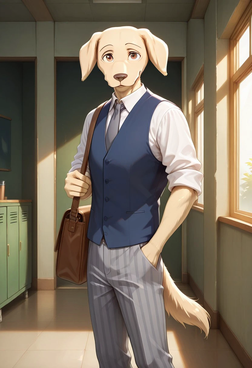 Masterpiece, best quality, high quality, detailed, male, solo male, 1boy,JackBeastars, anthro, labrador retriever, beastars, mature male, animal ears, pale yellow fur, dark orange eyes, athletic build, indoors, looking at viewer, standing, blue vest, white shirt, gray tie, gray striped pants, dorm room, messenger bag on side, half body