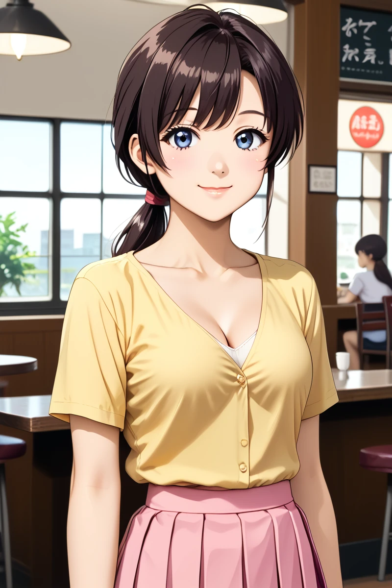 ameku mazuru, 1girl, solo, long hair, looking at viewer, smile, bangs, cafe, casual yellow shirt, medium pink skirt, pleated skirt,  closed mouth,  cowboy shot, ponytail, medium breast, cleavage , collarbone,  <lora:Ameku_Mazuru_ATSK_Pony:1> <lora:HandFixer_pdxl_Incrs_v1:1> make up, elegant smile, detail,  <lora:Add_more_details_pony:0.8> low ponytail, young-adult, bare thigh, anime coloring, long hair, big eyes,