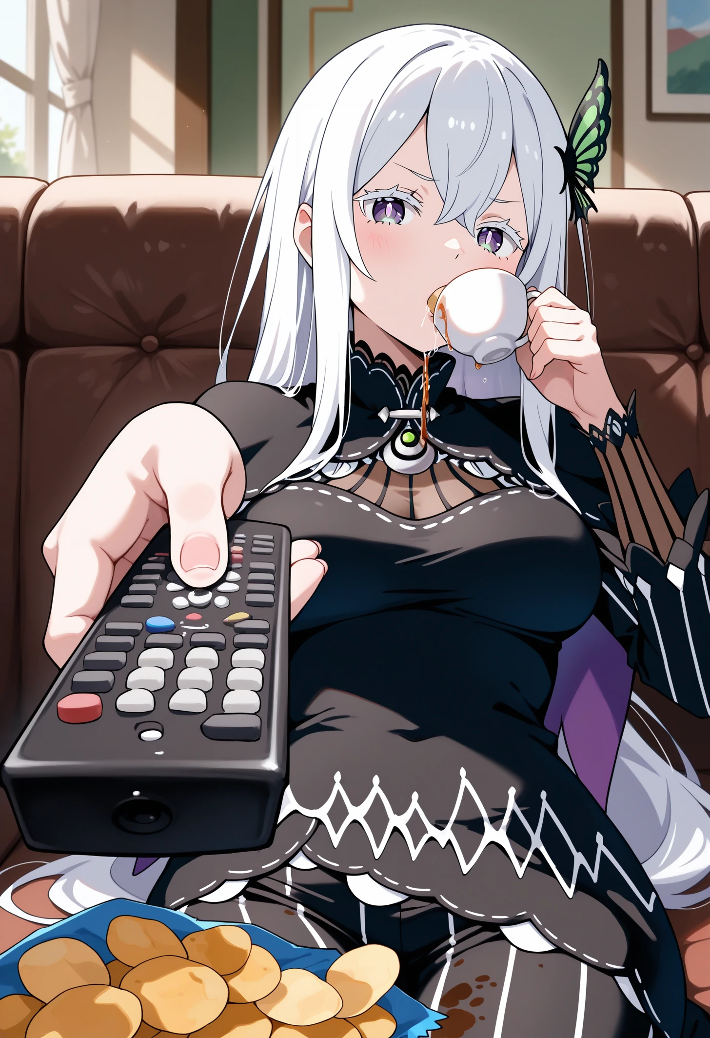 masterpiece, best quality, newest, absurdres, highres, 1girl, sitting, holding tea, holding remote control, controller, on couch, drinking, looking at viewer, food,
<lora:ManWatchingTVMeme_illusXLNoobAI_Incrs_v1-000012:1>, potato chips, chips \(food\), spilling, saliva, dirty clothes, echidna \(re:zero\),