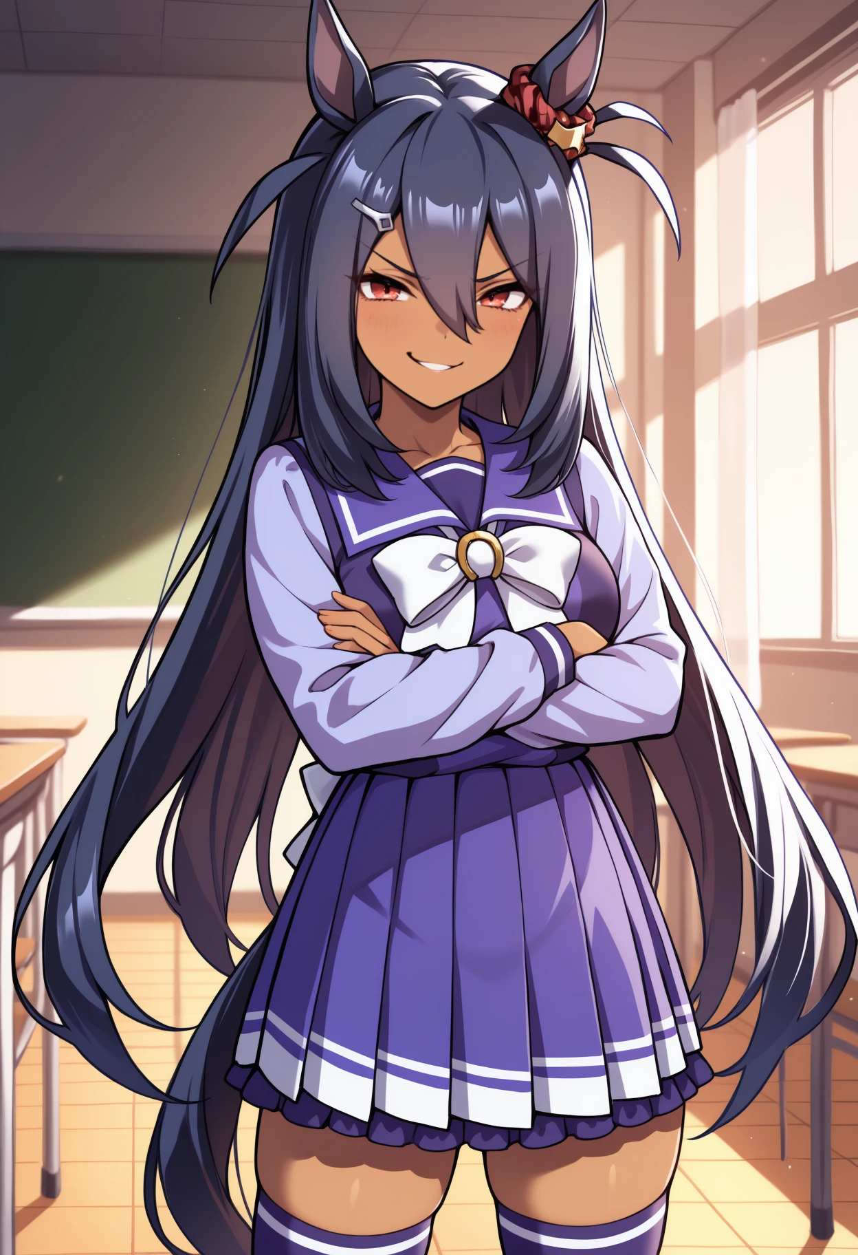 masterpiece, best quality, solo, 1girl, hshdef, dark-skinned female, horse tail, smirk, looking at viewer, standing, crossed arms, black hair, hair between eyes, hairclip, animal ears, ear ornament, red scrunchie, red eyes, tracen school uniform, winter uniform, purple shirt, purple sailor collar, white bowtie, horseshoe ornament, long sleeves, purple skirt, pleated skirt, purple thighhighs, indoors, classroom
<segment:yolo-Anzhc Face seg 640 v2 y8n.pt,0.4,0.5//cid=1>