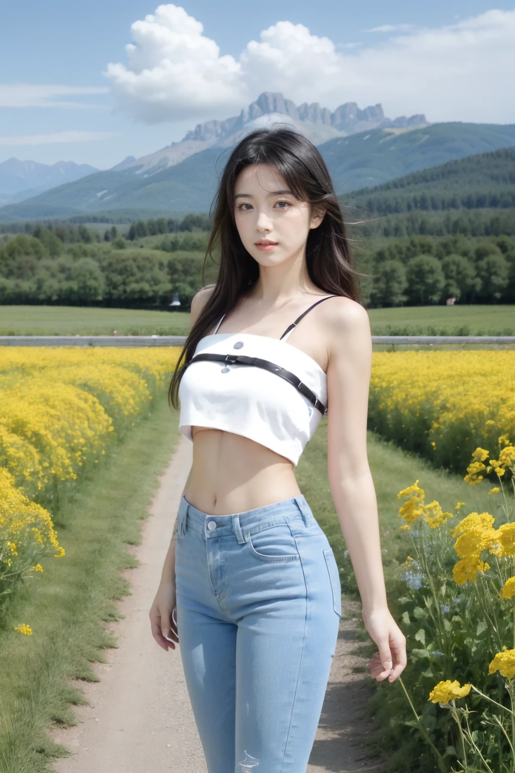 black hair, Surrealism, 8k, super detail  , crop top shirt , mountain, with a hat, sitting 