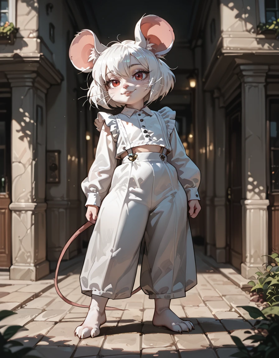 score_9,score_8_up,score_7_up,score_6_up,
outdoors,
full body,seductive smile,parted lips,long eyelashes,
standing, pose,
<lora:Ninna_v01_PDXL:1>,Ninna,1girl,solo,furry female,mouse girl,short hair,white hair,mouse ears,animal ear fluff,red eyes,animal nose,whiskers,body fur,white fur
<lora:add-detail-xl:1>,