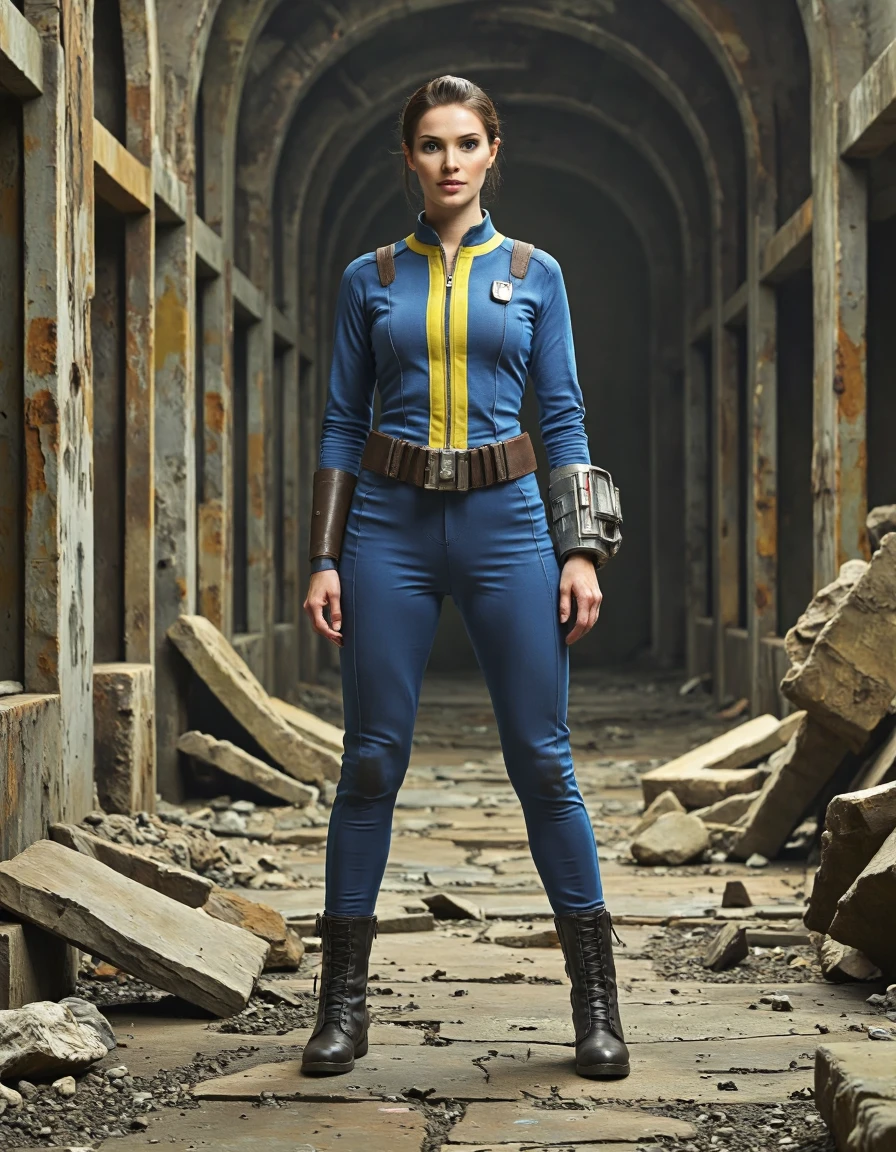 high fashion photo of SKS woman, wears a fallout vault jumpsuit and a wrist computer, boots, standing in post apocalyptic rubble of a library,
extremely detailed, sharp focus, sharp, film grain
