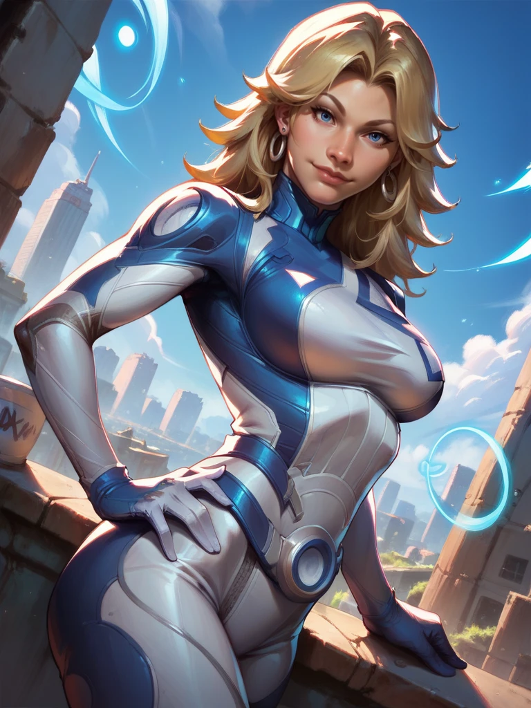 score_9, score_8_up, score_7_up, 1girl, dynamic pose, cowboy shot, looking at viewer, sexy pose, sexually suggestive, smile, dutch angle, city, detailed landscape,, hand on hips, one hand up, energy around, 
<lora:ASueStorm_character:0.8>, SueStormXL, blonde hair, blue eyes, earrings, bodysuit, gloves,<lora:Realistic_2.5DAnime_Merge1:0.6>