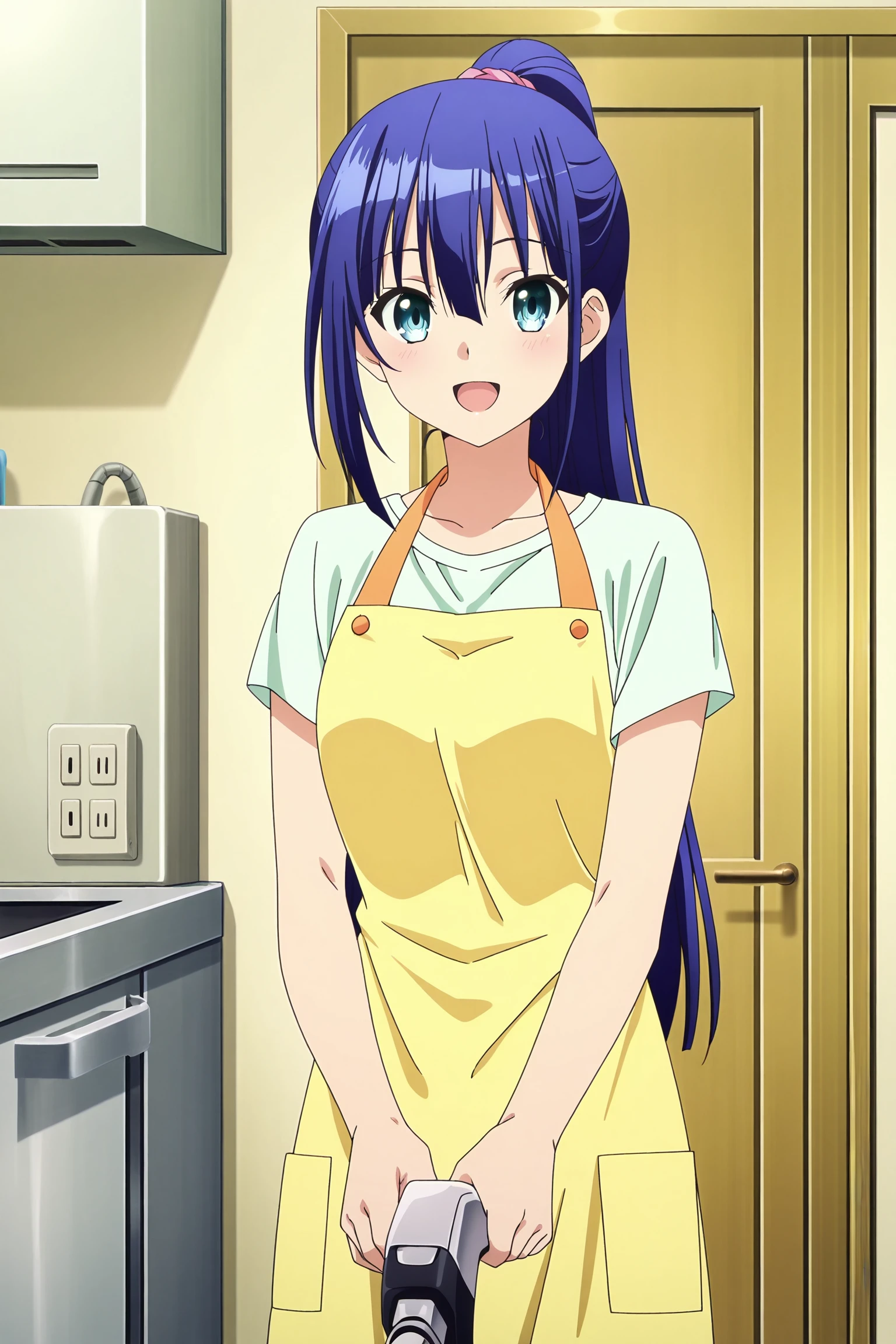 anime coloring, anime screencap, masterpiece, best quality,
inside, in a kitchen,
<lora:Ayano_Yugiri_Engage_Kiss_-_Illustrious:.7>
Ayano Yugiri, 1girl, apron, long hair, solo, ponytail, blue hair, vacuum cleaner, shirt, standing, indoors, yellow apron, electrical outlet, short sleeves, looking at the viewer, mouth open, :D, Yuugiri apron wear (outfit)