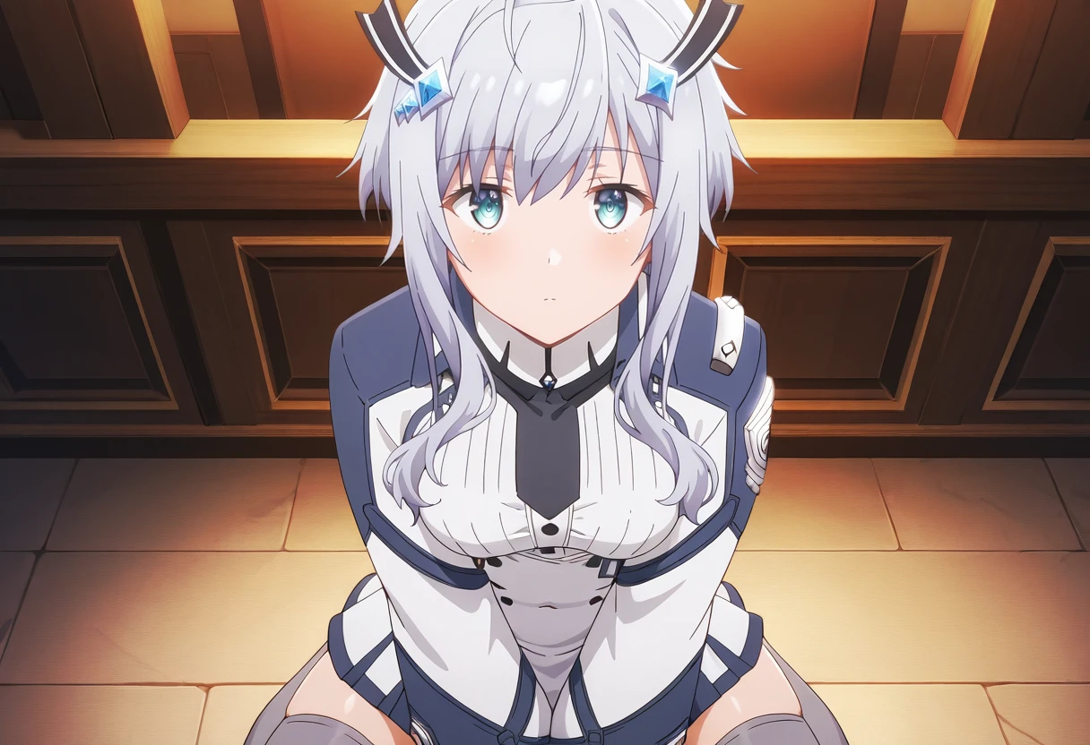 MishaNecron, 1girl, short hair with long locks, hair ornament, sidelocks, grey hair, grey thighhighs, white dress, uniform, <lora:MishaNecron-4-4-Illustrious:1>, looking at viewer,