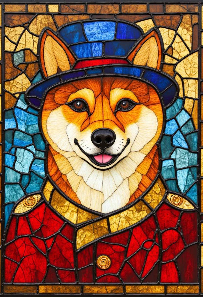 shiba inu with a tophat, stained glass style