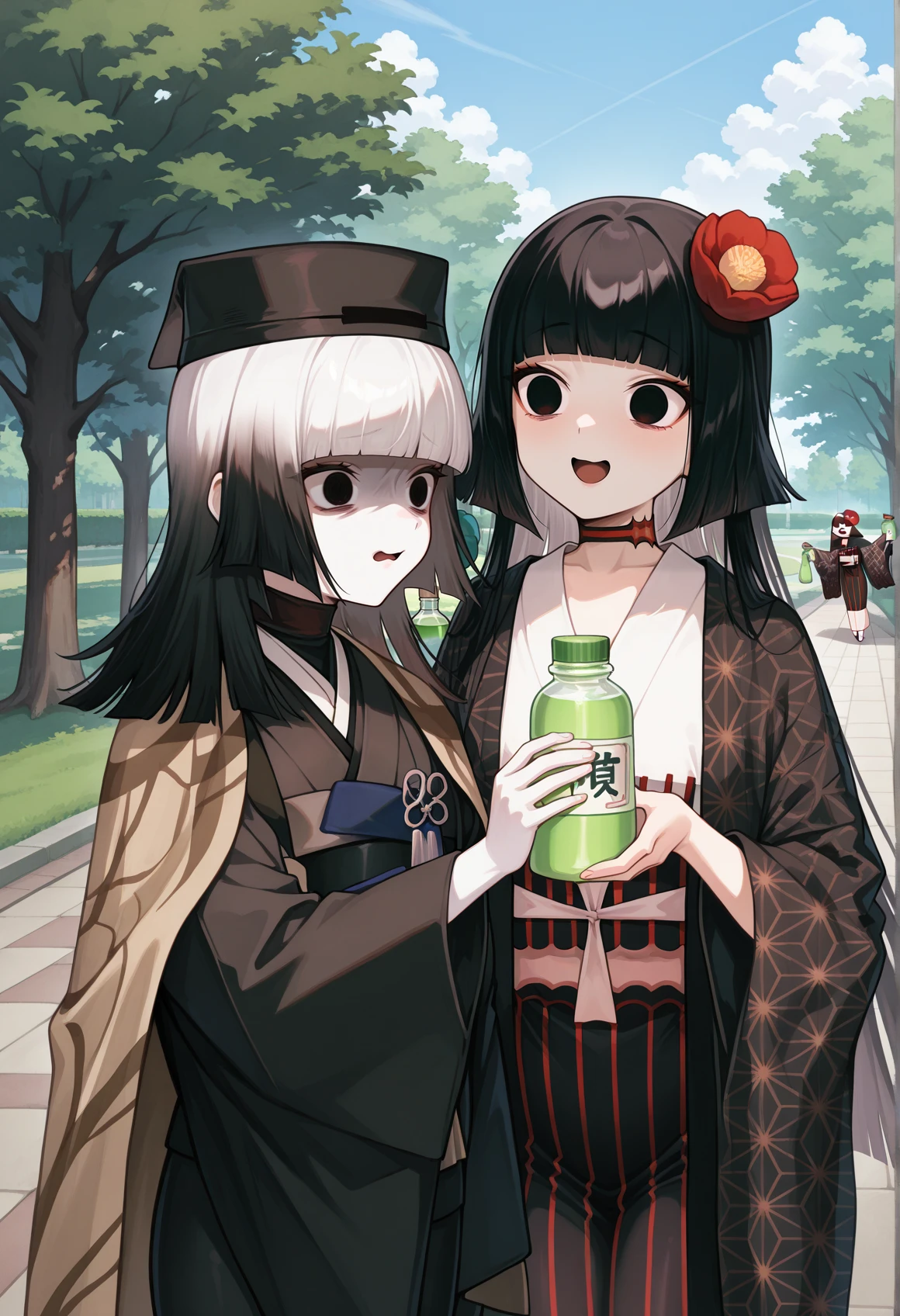 2girls, outdoors, park, 1girl, pale skin, long hair, gradient hair, white hair, black hair, black eyes, japanese clothes, kimono, grey kimono, obi, long sleeves, wide sleeves, black hat, Brown cape, disgust, looking at another, <lora:Komahime_pony_v2:1>
BREAK
2girls, outdoors, park, 1girl, pale skin, long hair, black hair, black eyes, hime cut, hair ornament, hair flower, blunt bangs, choker, japanese clothes, kimono, black kimono, white shirt, obi, wide sleeves, looking at another, smile, open mouth, holding bottle, green liquid<lora:komahime_illus:1>, masterpiece, best quality, amazing quality, very aesthetic, absurdres, highres, newest