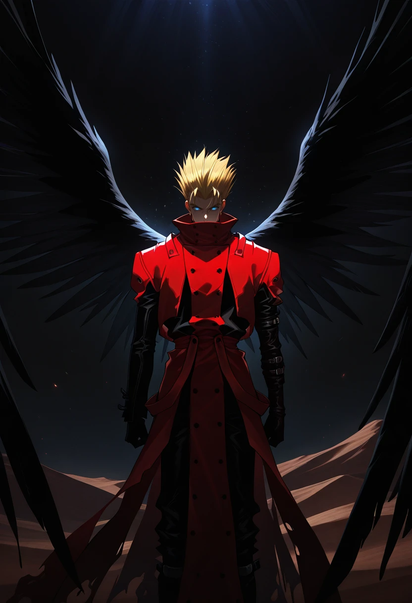 (attentive:1.2), masterpiece,best quality,amazing quality,very aesthetic,absurdres,newest,<lora:dark:1>, <lora:Vash_the_Stampede_Trigun:1>, solo, 1boy, mature_male, vash, yellow hair, red cape, evil, black wings, deep glow effect,dramatic lighting,light particles,dark theme, front view, negative space, desert