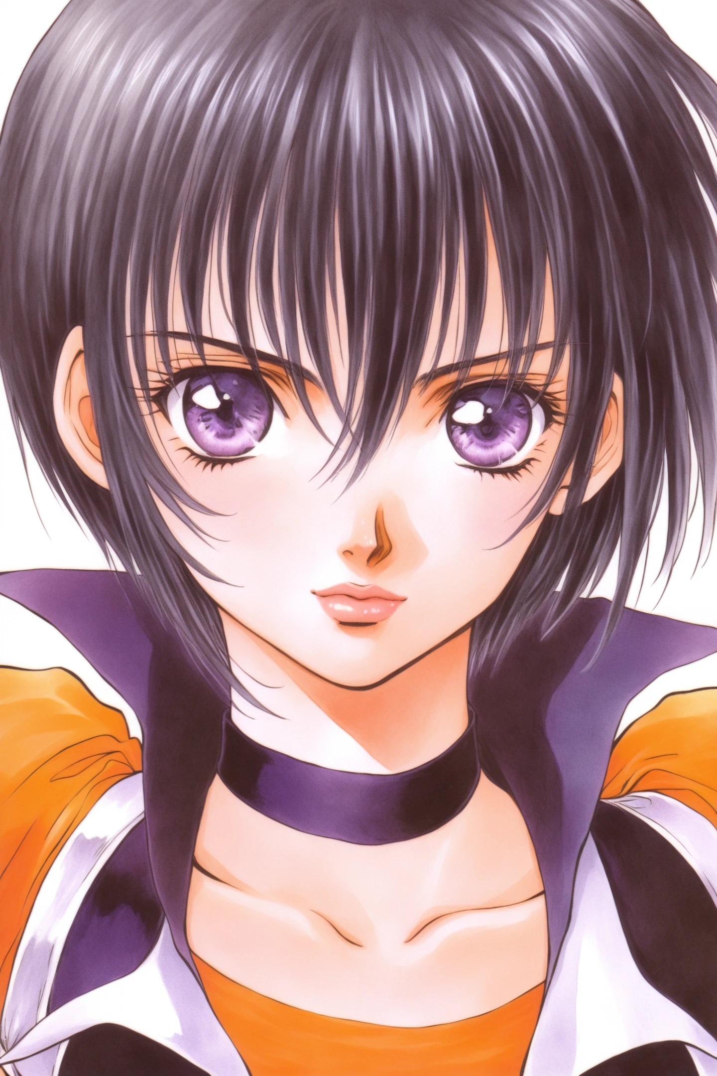 Rutee Kartret(Tales of Destiny),1girl,solo,choker,black hair,white background,purple eyes,simple background,looking at viewer,collarbone,upper body,short hair,lips,orange shirt,traditional media,watercolor (medium),
<lora:Inomata Mutsumi_illustriousXL:0.8>,