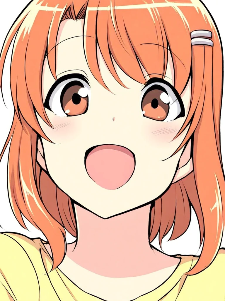 score_9, score_8_up, score_7_up,  
1girl, obata yui, medium hair, hairclip, face, smile, close-up, open mouth, looking at viewer, orange hair, brown eyes, yellow t-shirt, white background,