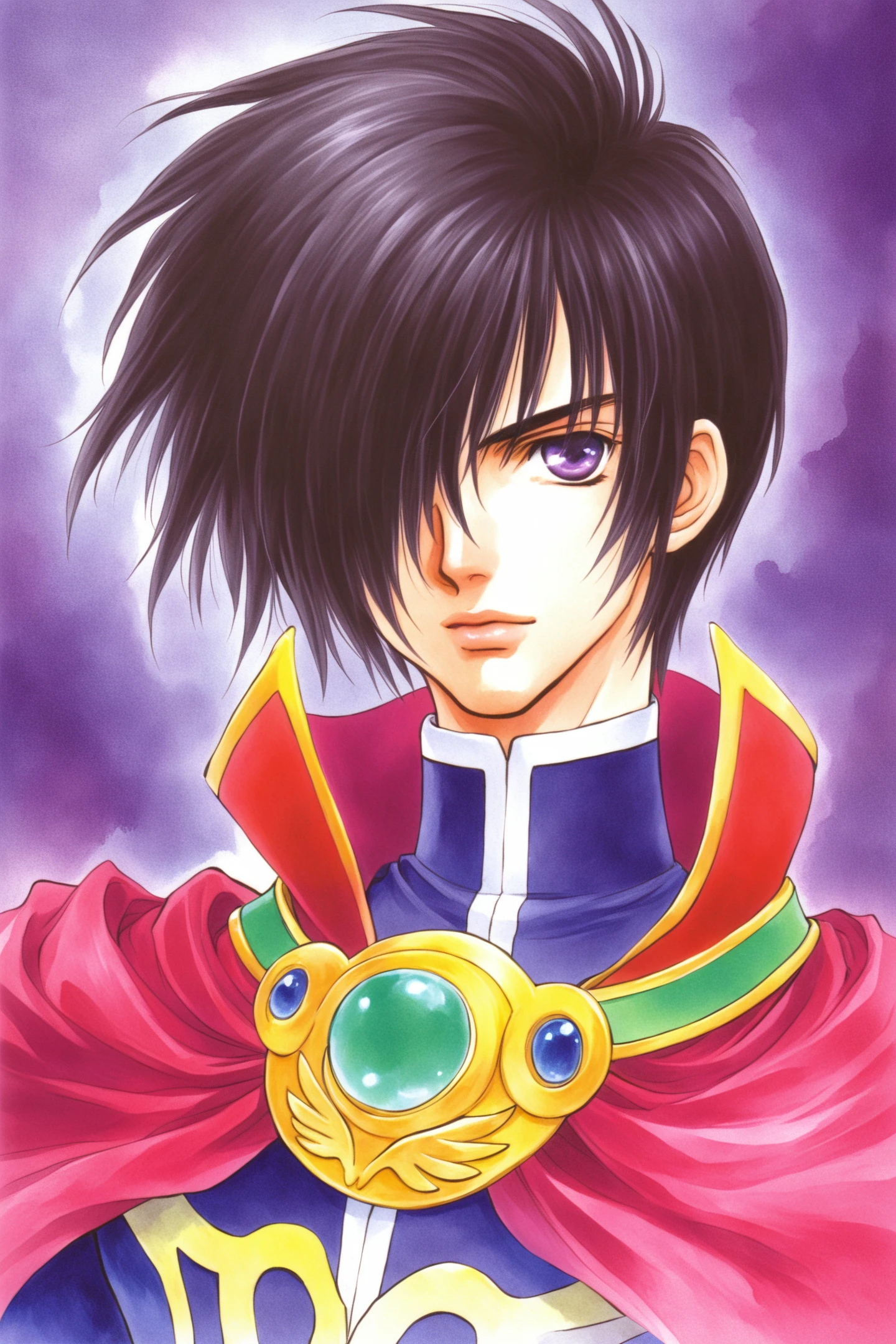 Lion Magnus(Tales of Destiny),solo,black hair,1boy,purple eyes,looking at viewer,short hair,lips,watercolor (medium),traditional media,hair over one eye,red cape
<lora:Inomata Mutsumi_illustriousXL:0.8>,