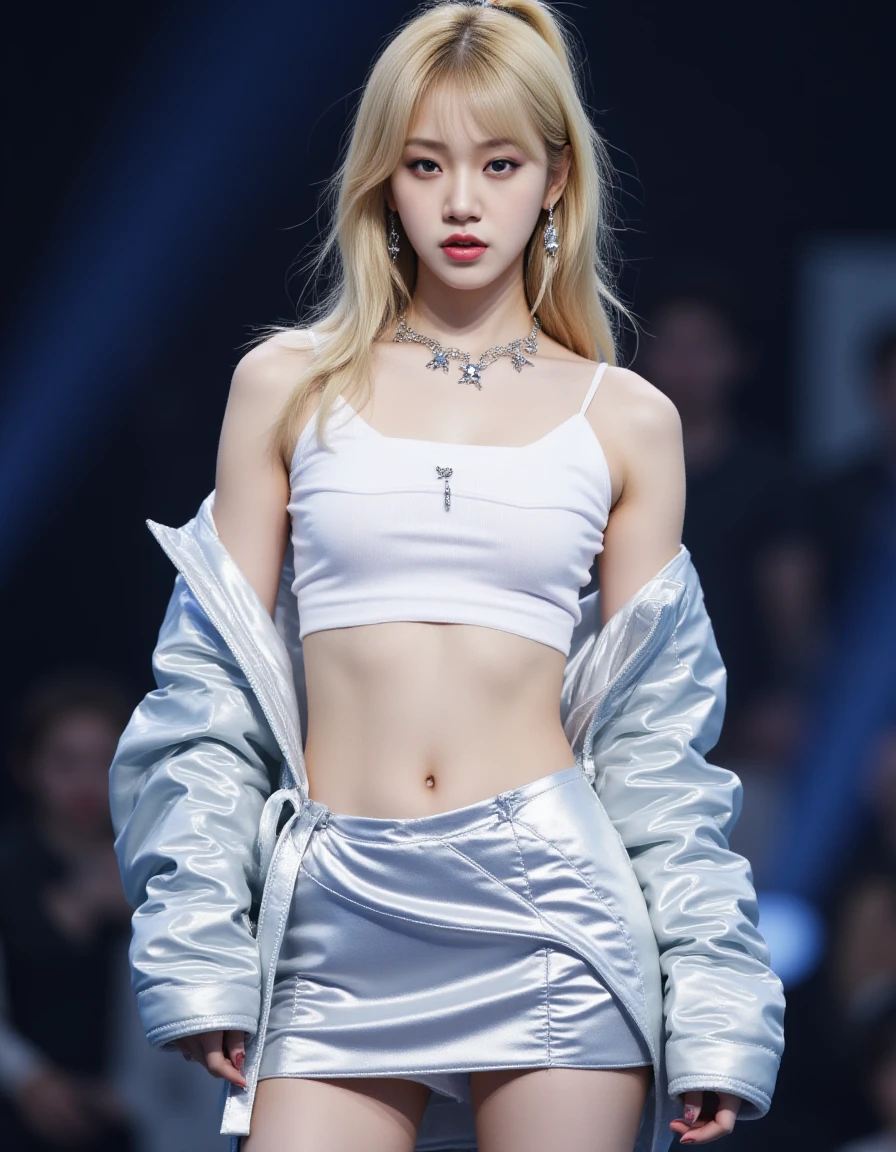 detailed photo of a young woman.  kpop girl posing sexy on stage. She has black long ponytail hair without bangs.  <lora:cw-easy-flux-000012:1> cweasy, silver jacket and skirt.   <lora:KimYeon-Flux:1> young asian girl, skinny body, long blonde hair,