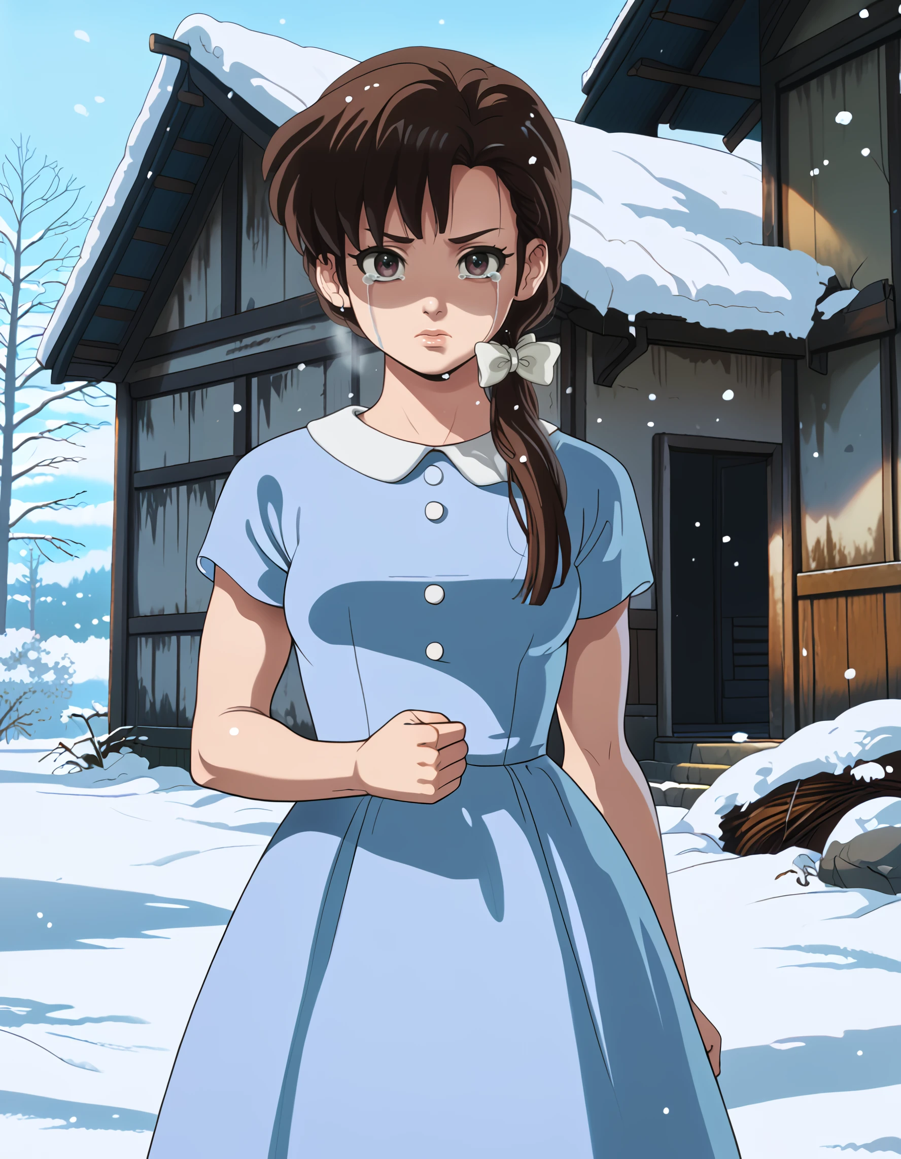 <lora:kasumi_tendou_pony:1> score_9, score_8_up, score_7_up, source_anime, rating:safe, kasumi_tendou, long_hair, brown_hair, ponytail, low_ponytail, white_bow, hair_bow, brown_eyes, short_sleeves, blue_dress, 1girl, abandoned, architecture, bare_tree, breath, clenched_hands, crying, east_asian_architecture, facing_viewer, house, jewelry, letterboxed, outdoors, shaded_face, shadow, snow, snowing, solo, standing, streaming_tears, tears, tree, wide_shot, winter, shadow, contrast, glow, (dandonfuga:1.1),, masterpiece, detailed, best_quality