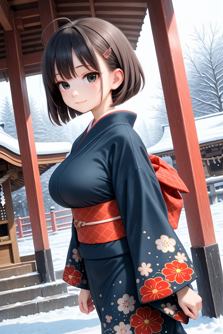 masterpiece, best quality, amazing quality, very aesthetic, absurdres,
cute round face, slender, detailed eyes, detailed hair, kawaii,
1girl, solo,
dynamic angle,
(wearing kimono:1.2), from side, looking at viewer,
light smile, closed mouth, walking, arms lift,
day, snow, shrine, japan, japanese shrine,
medium large breasts,
black hair, [[brown hair]], black eyes, [[brown eyes]], short bob cut, ahoge, extremely detailed eyes