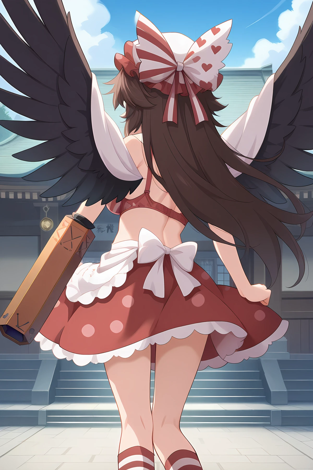 absurdres, highres, masterpiece, best quality, amazing quality, shrine, outside, , official anime artwork, screencap, anime screencap,
<lora:Internet_Survivor_Illustrious:1.2> internet survivor, alternate costume, polka dot, waist apron, midriff, striped socks, red skirt, mob cap, hat, bra, puffy bra, stripped bra, tatoo,
from behind,
<lora:Utsuho-Reiuji_Illustrious:1> reiuji utsuho, 1girl, solo, brown hair, black wings, bird wings, third eye, medium large breasts,, arm cannon, clenched hand,
