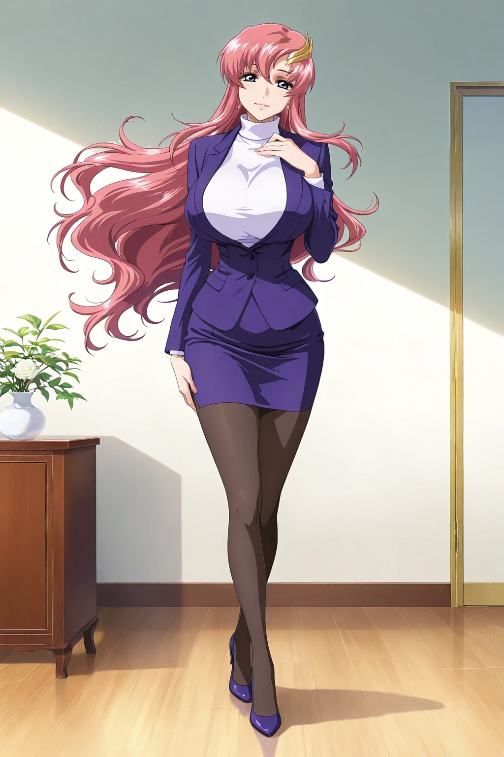 front view,
1girl,mature female,milf,huge breasts,narrow waist,wide hips,looking at viewer,full body,standing,high heels,pencil skirt,miniskirt,pantyhose,seductive smile,long legs,slim legs,
Best quality,masterpiece,soft light,official art,high quality,highres,absurdres,epic scene,natural textures,<lora:Lacus Clyne IL:1>,lacus clyne,pink hair,long hair,hair ornament,blue eyes,