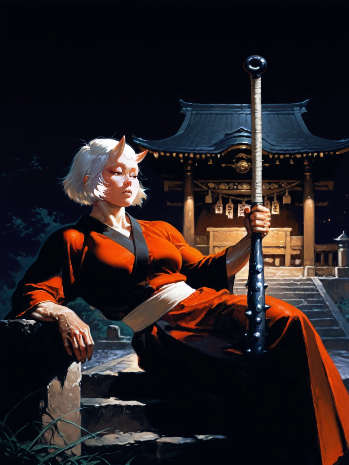 <lora:FrankFrazzetaXLV6:0.35>,
white hair, dot eyes, oni, oni horns, reclining, looking to the side, half-closed eyes, japanese clothes, muscular female, bara, holding one club(weapon), temple, outdoors, solo, night, upper body,
, 5 fingers, <lora:FrankFrazettaIL_r2:0.6>, realistic