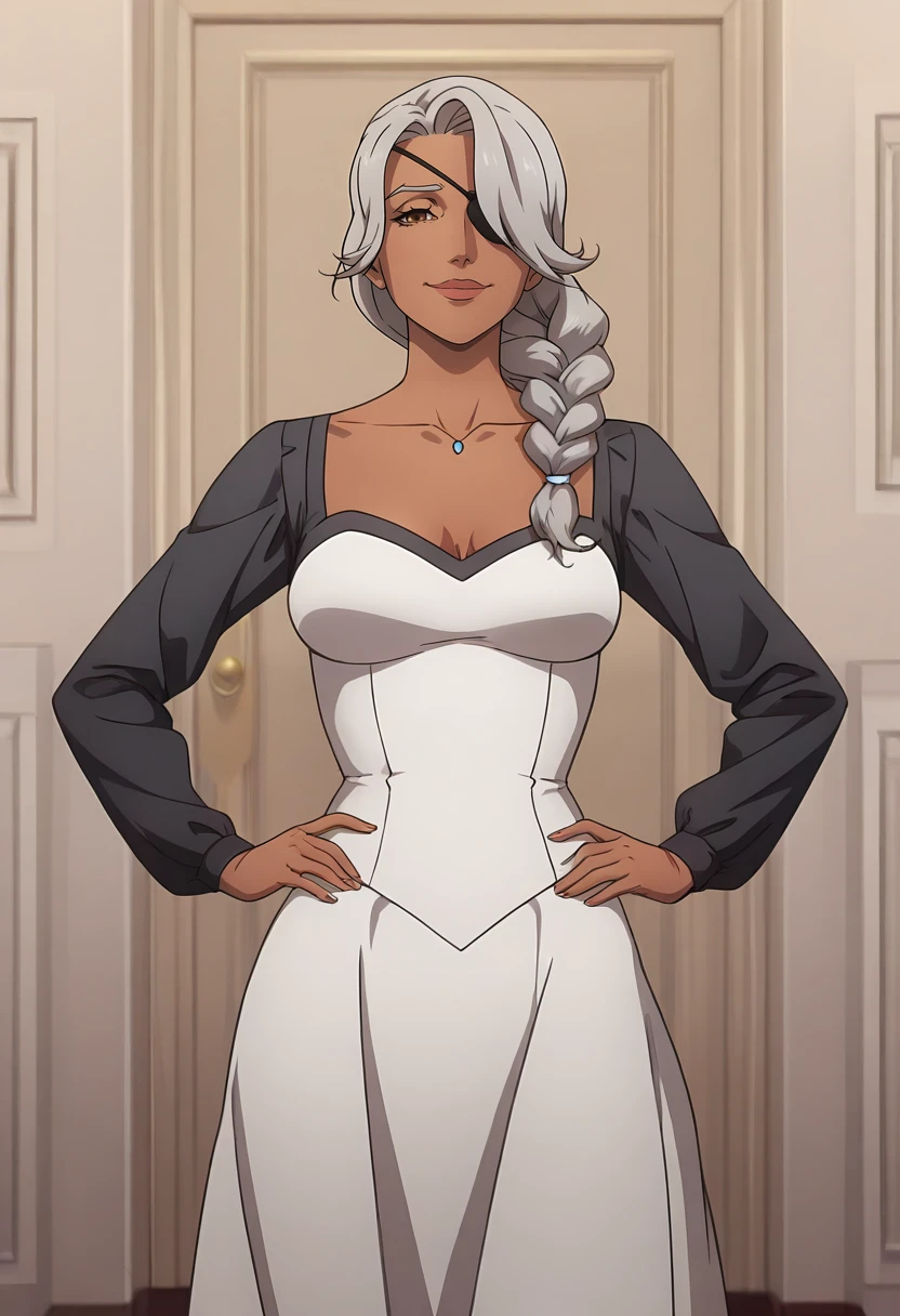 masterpiece, best quality, amazing quality, very aesthetic, intricate details, depth of field, cel shading, pinup, BREAK.
indoors, inside,
(looking at viewer:1.3), smug,
BREAK.
standing, contrapposto, hands on own hips,
portrait, cowboy shot, front view, facing viewer, straight-on,
BREAK.
ana \(overwatch\), 1girl, solo, brown eyes, eye patch, grey hair, hair over eye, long hair, braided ponytail, milf, mature female, tatoo under eye, dark skin, dark-skinned female, BREAK.,
<lora:Castlevania(Netflix)_ILXL_Style_v1:1>