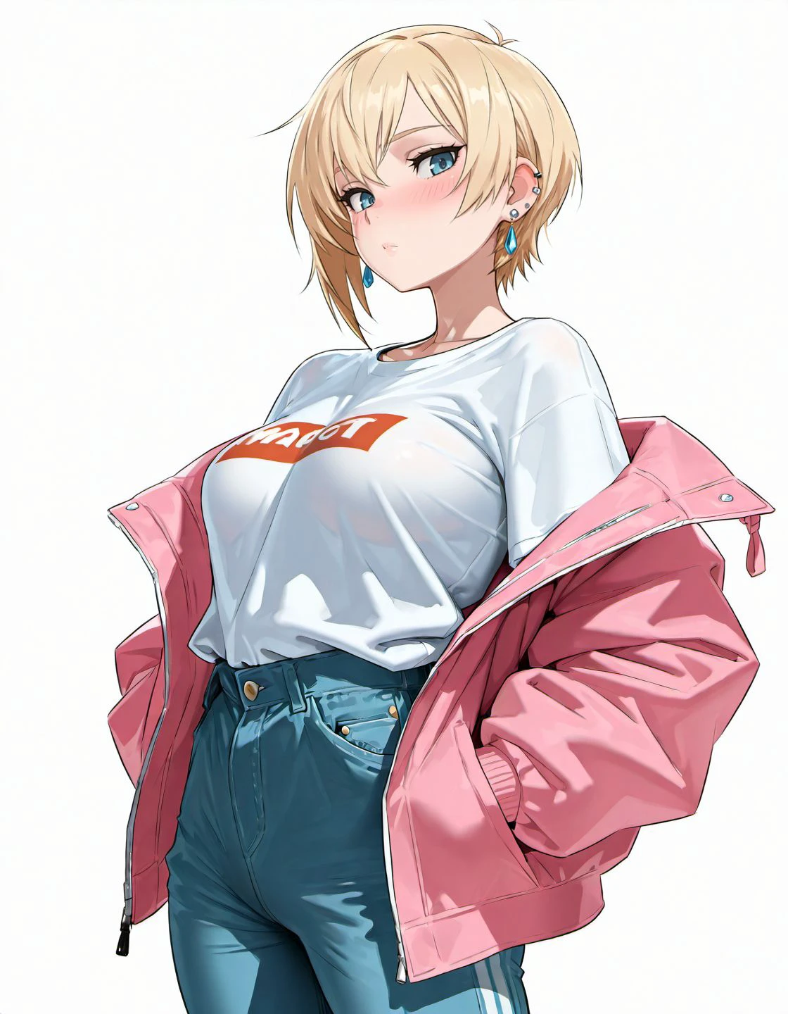masterpiece, best quality, amazing quality, very aesthetic, high resolution, <lora:mikoyan_style_v2_illustrious_epoch_7:0.9>,
mikoyanstyle, 1girl, breasts, solo, blonde hair, jacket, medium breasts, white background, simple background, looking at viewer, earrings, pants, blue eyes, short hair, jewelry, pink jacket, closed mouth, baggy t-shirt, blush,red jacket,