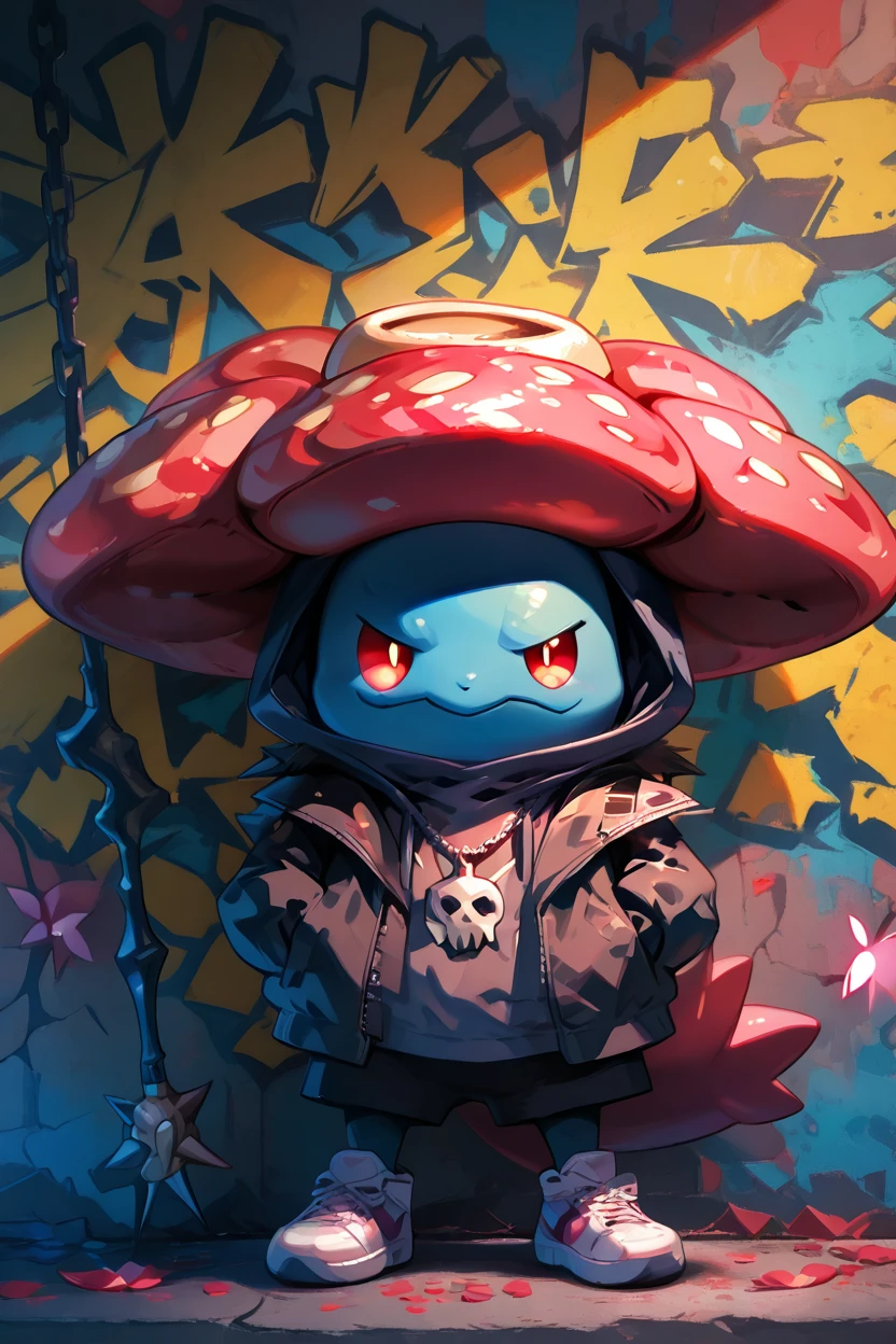 masterpiece, best quality,  Vileplume, <lora:VileplumePokedexIXL:1.0>, solo, looking at viewer, glowing red eyes, long sleeves, standing, jacket, full body, open clothes, hood, no humans, hoodie, sneakers, hooded jacket, hood up, zipper, zipper pull tab, graffiti, floral accents, glowing petals, oversized flower hat, chain necklace  ,<lora:PunkPokemonIXL:1.0>,