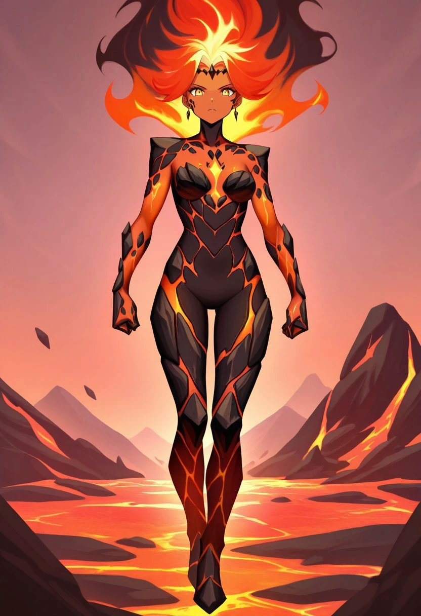 masterpiece, best quality, newest, absurdres, highres, anime, anime style, 1girl, FireelementalIL.V1-female, fire hair, orange skin, orange colored skin, yellow eyes, magma skin, magma, lava,