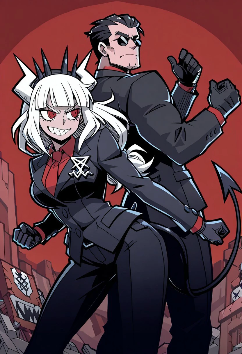 masterpiece, best quality, newest, absurdres, highres,  anime, anime style, Dynamic-Duo-Pose-IL.V1.0, Duo, Duo focus, dynamic duo, dynamic pose, pose, 1boy, helltaker \(helltaker\), sunglasses, glasses, black hair, short hair, muscular, muscular male, 1girl, lucifer \(helltaker\), black suit, red necktie, black collared shirt, black gloves, blunt bangs, demon horns, demon girl, demon tail, sharp teeth, red eyes, white hair, long hair