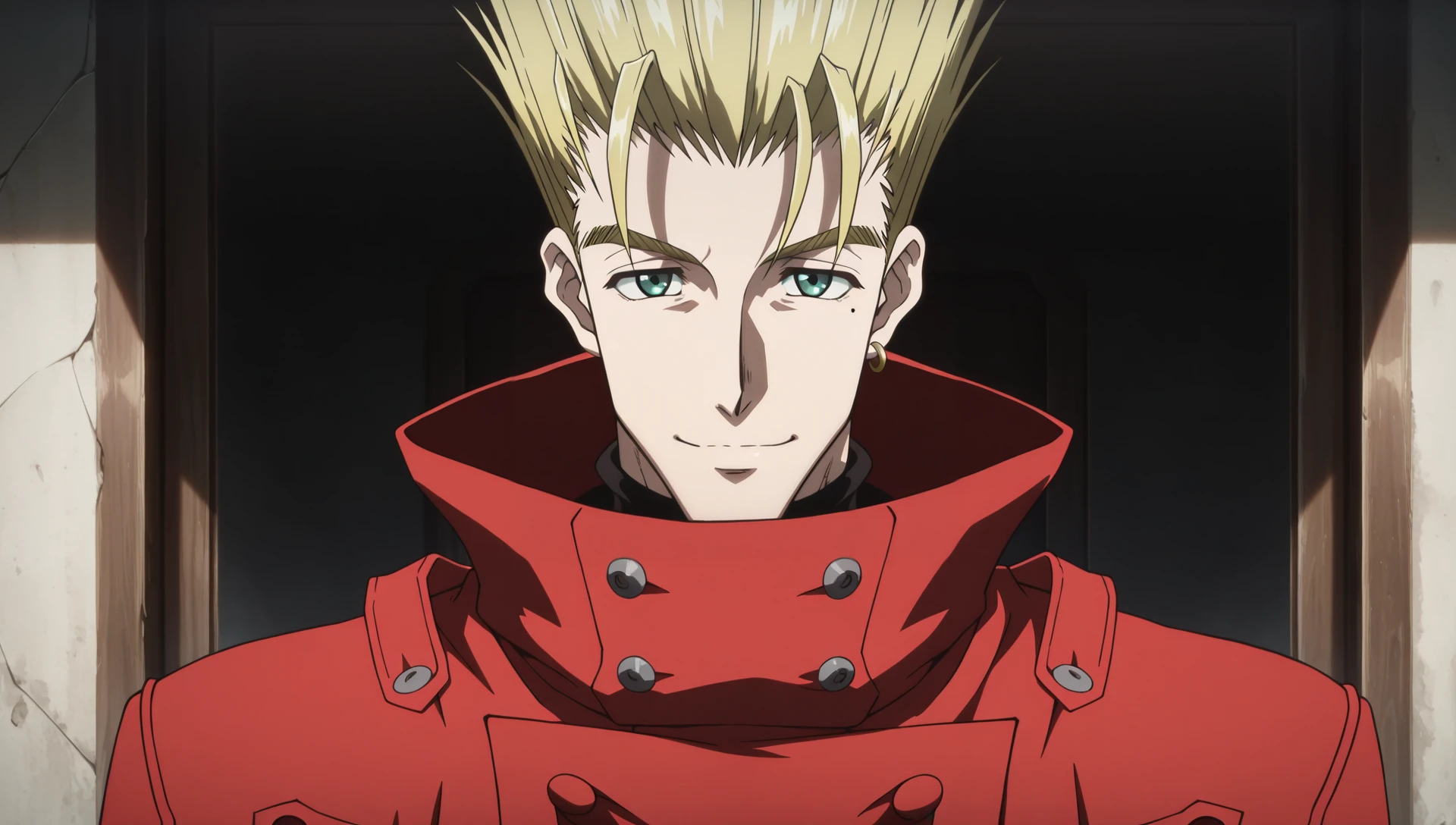 (attentive:1.2), masterpiece,best quality,amazing quality,very aesthetic,absurdres,newest,<lora:dark:1>, <lora:Vash_the_Stampede_Trigun:1>, solo, 1boy, mature_male, vash, yellow hair, red cape, green eyes, mole_under_eye, anime style, smiling,