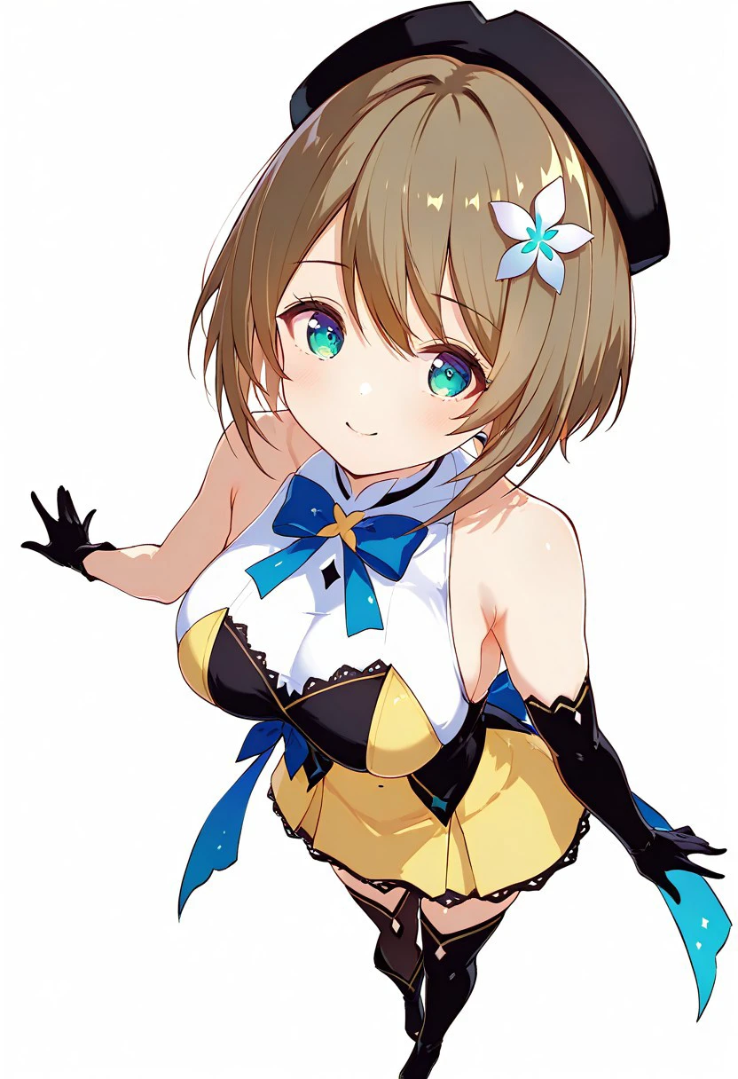 (masterpiece, best quality, amazing quality, very aesthetic, absurdres, newest,8K), Dutch angle,From above, ,smile,
1girl,solo,shiny glossy hair, eyelashes, gleamy skin, round face, beautiful face, Simple background, white background,
prism style,prism style, ,(perfect_hands, correct_anatomy:1.2), (ultra-detailed:1.2), volumetric_light, dynamic_lighting, dynamic_shading, dynamic_angle, perfect_illumination, highly_dynamic_pose, intricate_background_details, ((outlined:1.2)), (low_exposure:1.2), (sharp_focus:1.2),
,kurikoma komaru\(aogiri_koukou\) bob cut, bangs, green-blue eyes, brown hair, flower-shaped hair ornament, black hat, white sleeveless dress, Yellow skirt, blacke and white asymmetrical gloves, blacke and white asymmetrical High heels boots, elbow length gloves, Gloves with different designs on the left and right, Right arm(lace trim on Black elbow length glove), Left arm(white elbow length glove), right foot(black Short boot), left leg(black thighhighs boot) ,staekinglight, pcpcpc