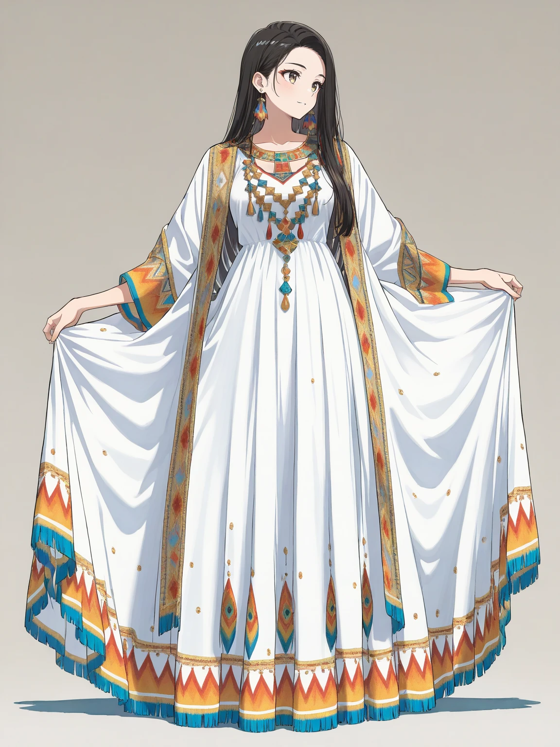 masterpiece, best quality,edgMeso, edgMeso, a woman in a white dress with colorful designs ,wearing edgMeso clothing,
<lora:edgMesopotamianFashionILS:1>