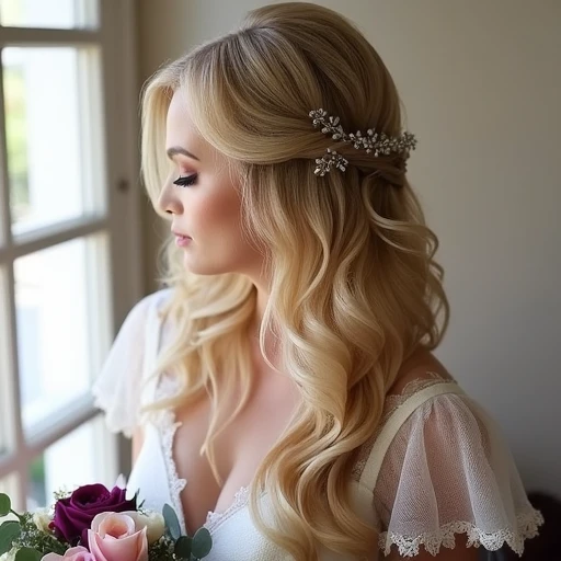 A bride with an artistic long hairstyle.  three-quarter rear angle. Golden-blonde hair styled in a half-up fashion, with the top portion gently twisted or pinned at the back, exposing the subtle layers along the crown. The lower lengths cascade freely in large, soft curls that drape down the back. A small, silver-toned hair accessory with leaf-shaped elements is fastened where the hair is gathered, catching bits of light. The subject holds a bouquet featuring pink, purple, and cream roses, along with eucalyptus leaves, near her chest. She wears a white dress with short, fluttery sleeves and lace detailing along the bodice. A window to the left allows natural light to illuminate the curls, creating a warm glow across the hairstyle and florals.