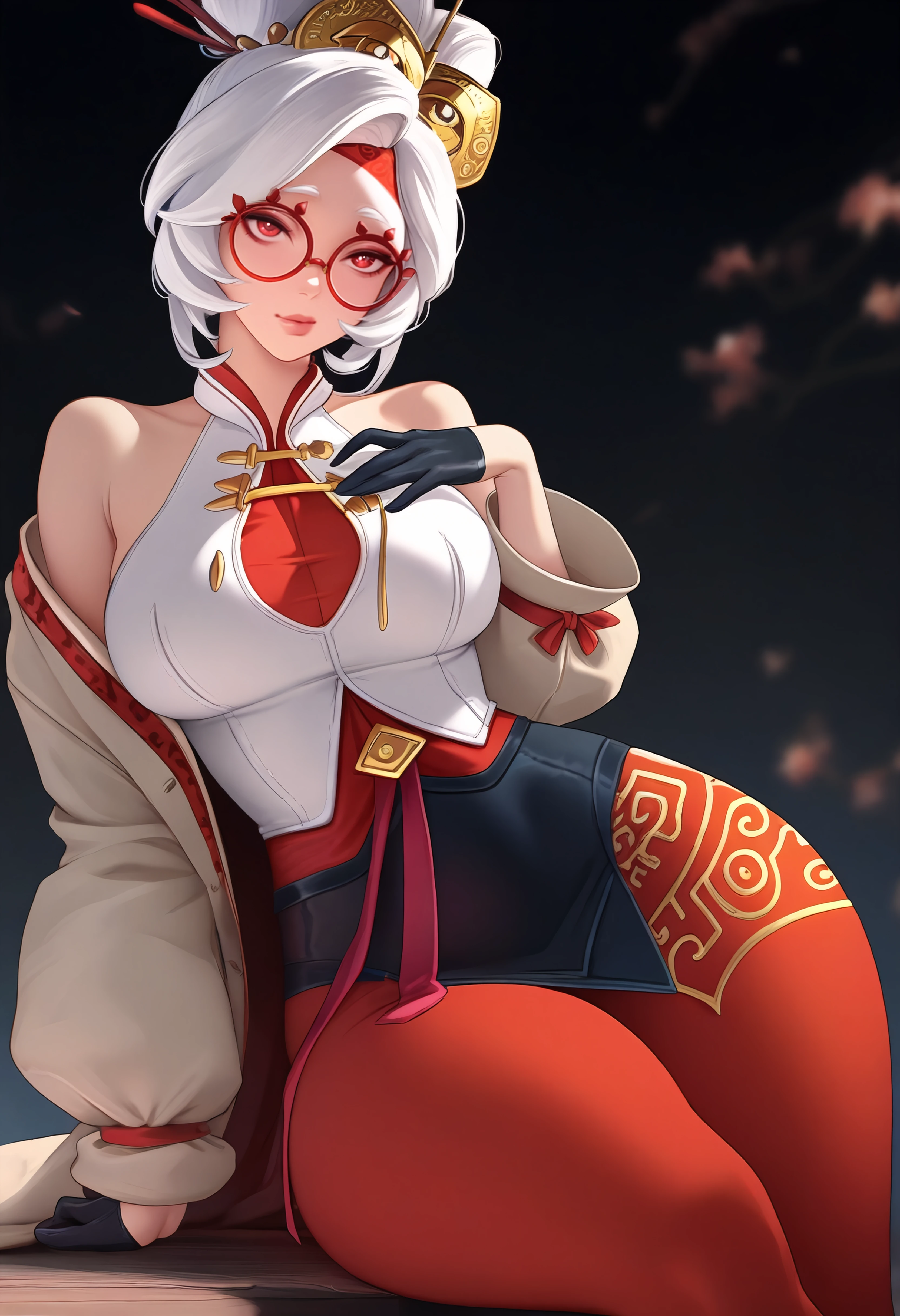 ((extreme detail)),(ultra-detailed), extremely detailed CG unity 8k wallpaper, best quality, purah_totk, gold hair ornament, hair stick, crotch, shiny, nsfw, triforce print panties, ((pretty labia)) sleeveless shirt, white jacket, red glasses, looking at viewer, holding, sitting, spread legs, upper body, sky cloud, tree, mountain,black