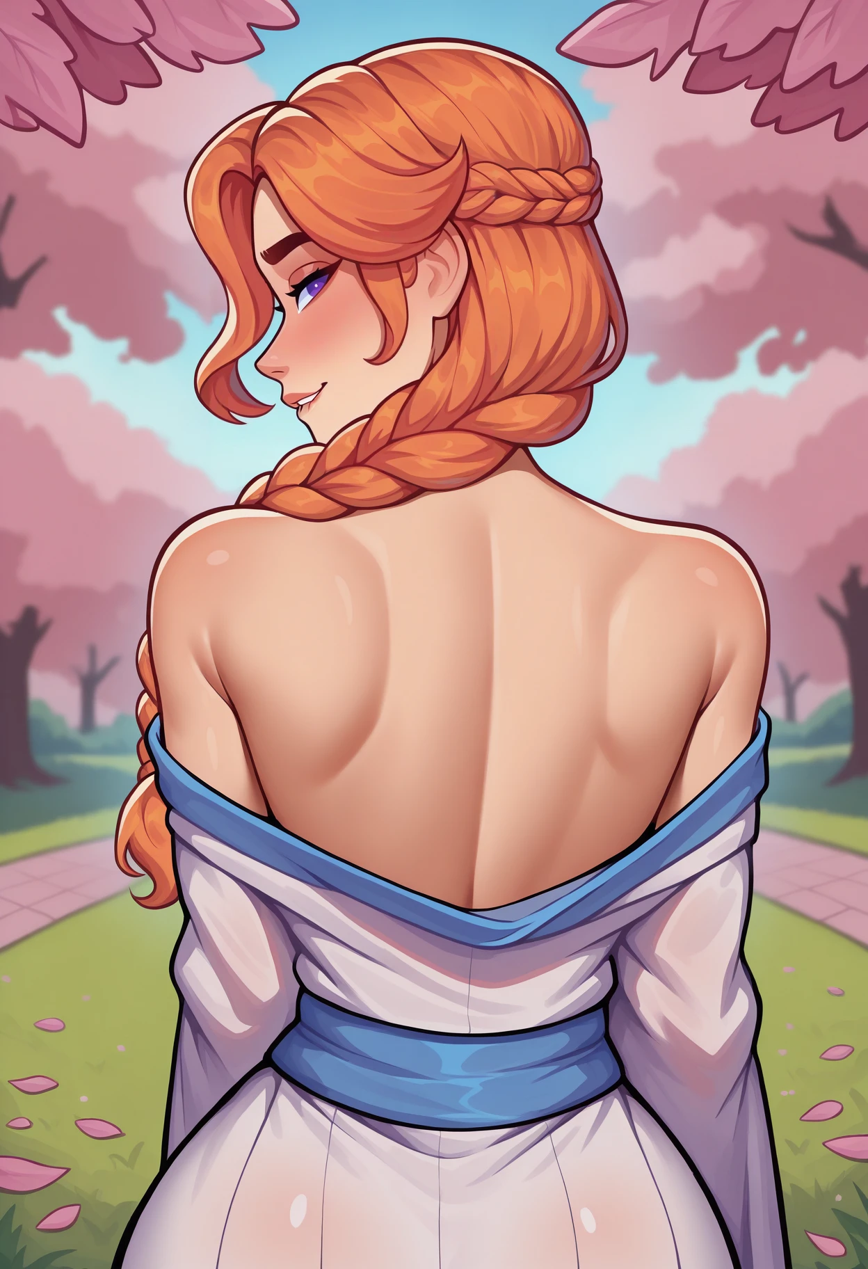masterpiece, best quality, newest, absurdres, highres, 1girl, solo, <lora:NSLeahStardew:1> NSLeahStardew, purple eyes, orange hair, long hair, single braid, front braid, bare shoulders, white kimono, blue sash, looking at the viewer, biting lip, lewd face, pink theme, petals, park, pink leaves, from behind, cowboy shot, looking back, bare back