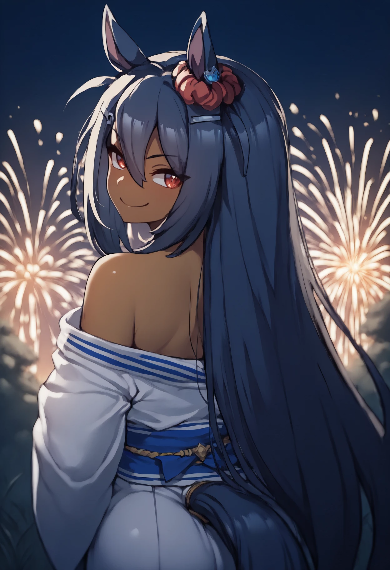 masterpiece, best quality, from behind, solo, 1girl, hshdef, dark-skinned female, horse tail, smile, looking back, black hair, hair between eyes, hairclip, animal ears, ear ornament, red scrunchie, red eyes, japanese clothes, white kimono, off shoulder, blue sash, bare shoulders, outdoors, night, fireworks
<segment:yolo-Anzhc Face seg 640 v2 y8n.pt,0.4,0.5//cid=1>