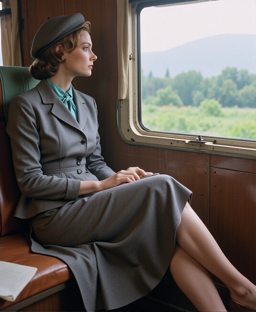 An analog photo of (sks woman:1), In the 1950s, Seated by a train window, she gazes at the passing scenery in a tailored two-piece suit. The jacket, with its nipped-in waist and modest lapels, is worn over a lightweight blouse with a small bow at the neck. The skirt, pleated and falling to mid-calf, allows her to sit comfortably. Her brown leather brogues match her small, structured handbag, and a wool beret sits atop her carefully pinned waves.
