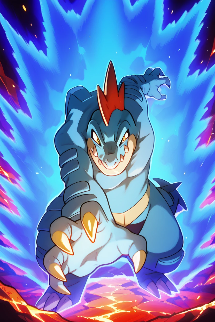 masterpiece, best quality,  zzferaligatr, claws, yellow eyes, sharp teeth, emerging from a lava-filled cavern, heat waves distorting its figure, magma bubbling in the background, glowing molten claws, ash and embers floating in the air, fearsome and unstoppable,  ,dynamic pose, huge claws, incoming attack, foreshortening, dynamism, motions lines, blue aura, serious,  ,<lora:FeraligatrPokedexIXL:1.0>,  <lora:DBSBroly_Style_IXL_v2:0.8> <lora:IckpotIXL_v1:0.6>,