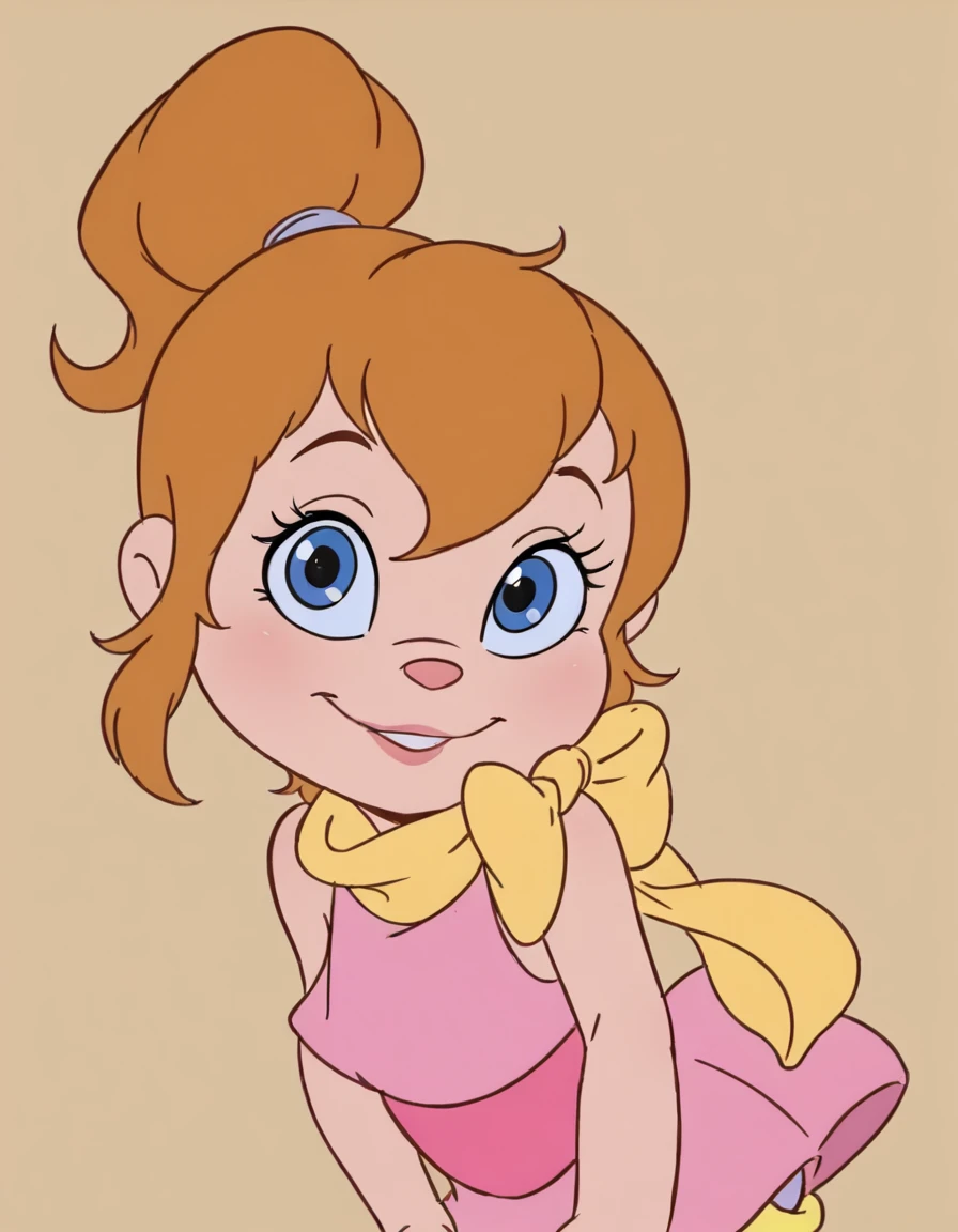 ,upper body, portrait, looking at viewer, simple background, <lora:BrittanyMillerIllustrious1.0JLFO:1> brittney, 1girl, ponytail, solo, brown hair, pink dress, blue eyes, smile, yellow scarf, yellow leg warmers, sleeveless,