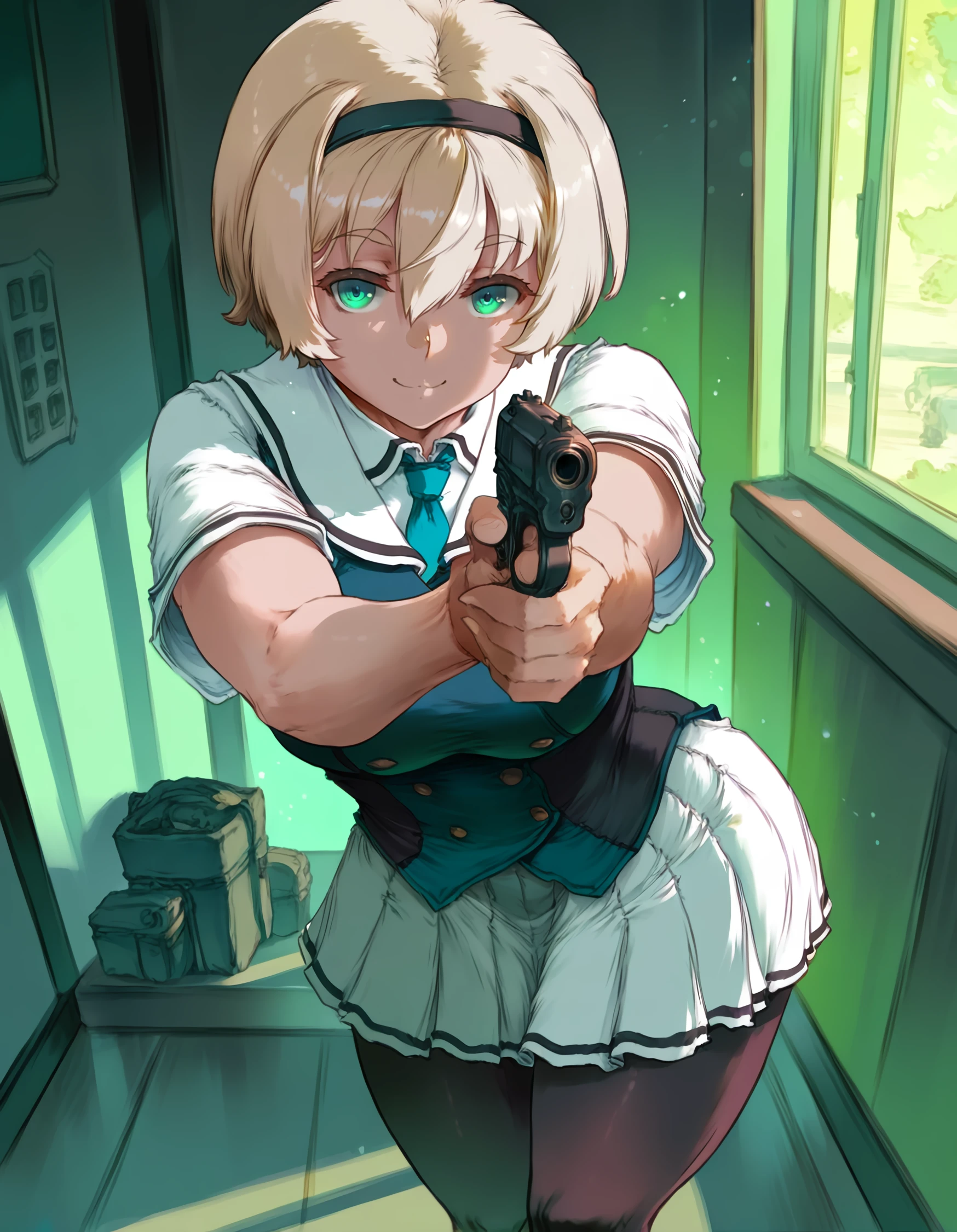 <lora:sakurako_kujirase_IL:1> rating:safe, sakurako_kujirase, short_hair, hairband, blonde_hair, hair_between_eyes, green_eyes, aqua_eyes, school_uniform, collared_shirt, white_shirt, blue_necktie, vest, short_sleeves, pleated_skirt, white_skirt, black_pantyhose, black_footwear, 1girl, aiming, black_corset, corset, cz_75, gun, handgun, holding, holding_gun, holding_weapon, looking_at_viewer, smile, solo, weapon backlighting, depth_of_field, light_particles, (cutesexyrobutts),, masterpiece, detailed, best_quality