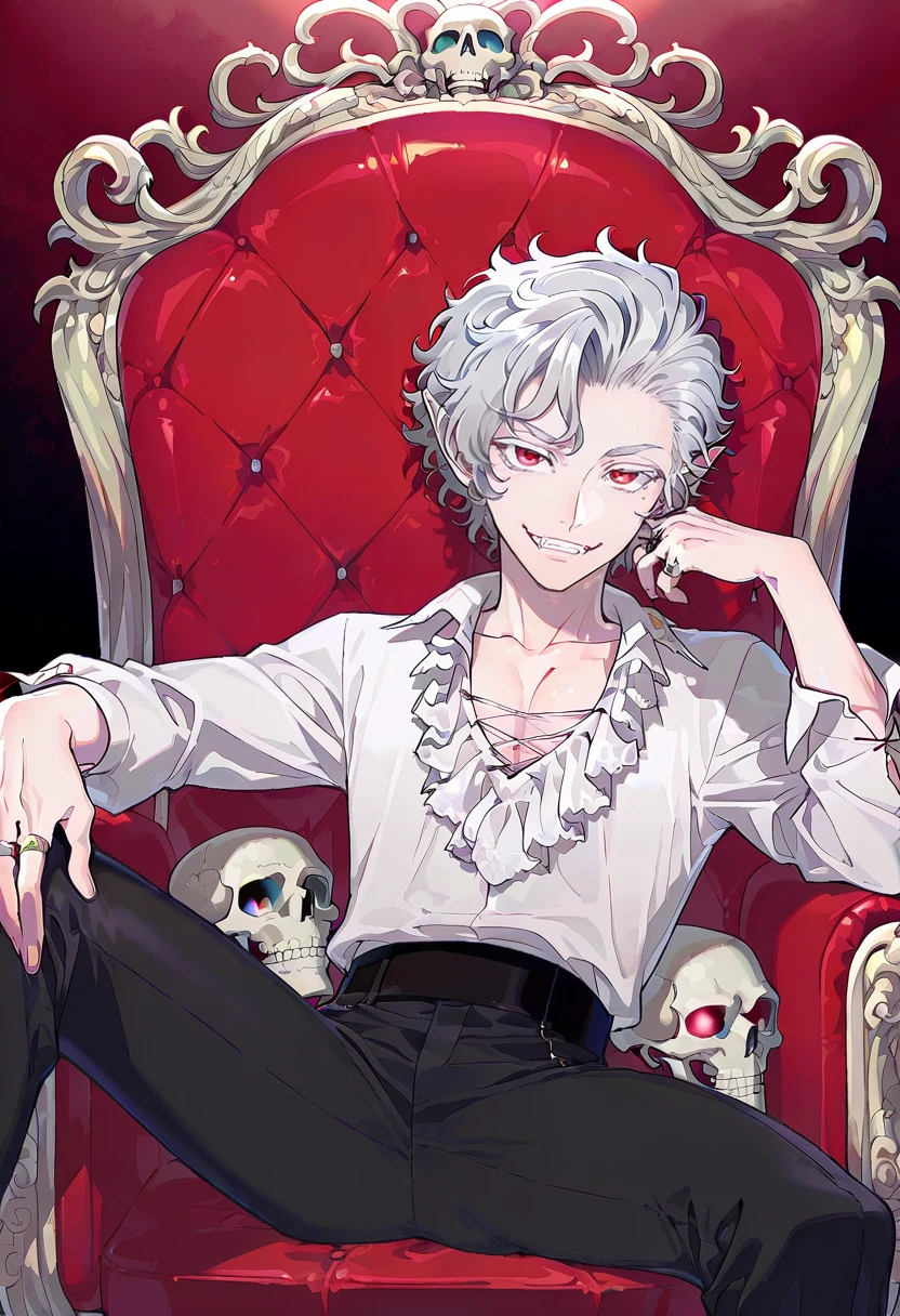 astarion, red eyes, 1boy, male focus, vampire, pointy ears, solo,  fangs, mole, sitting, skull, smile, ring, looking at viewer, grey hair, throne, pants, shirt, kiri futoshi