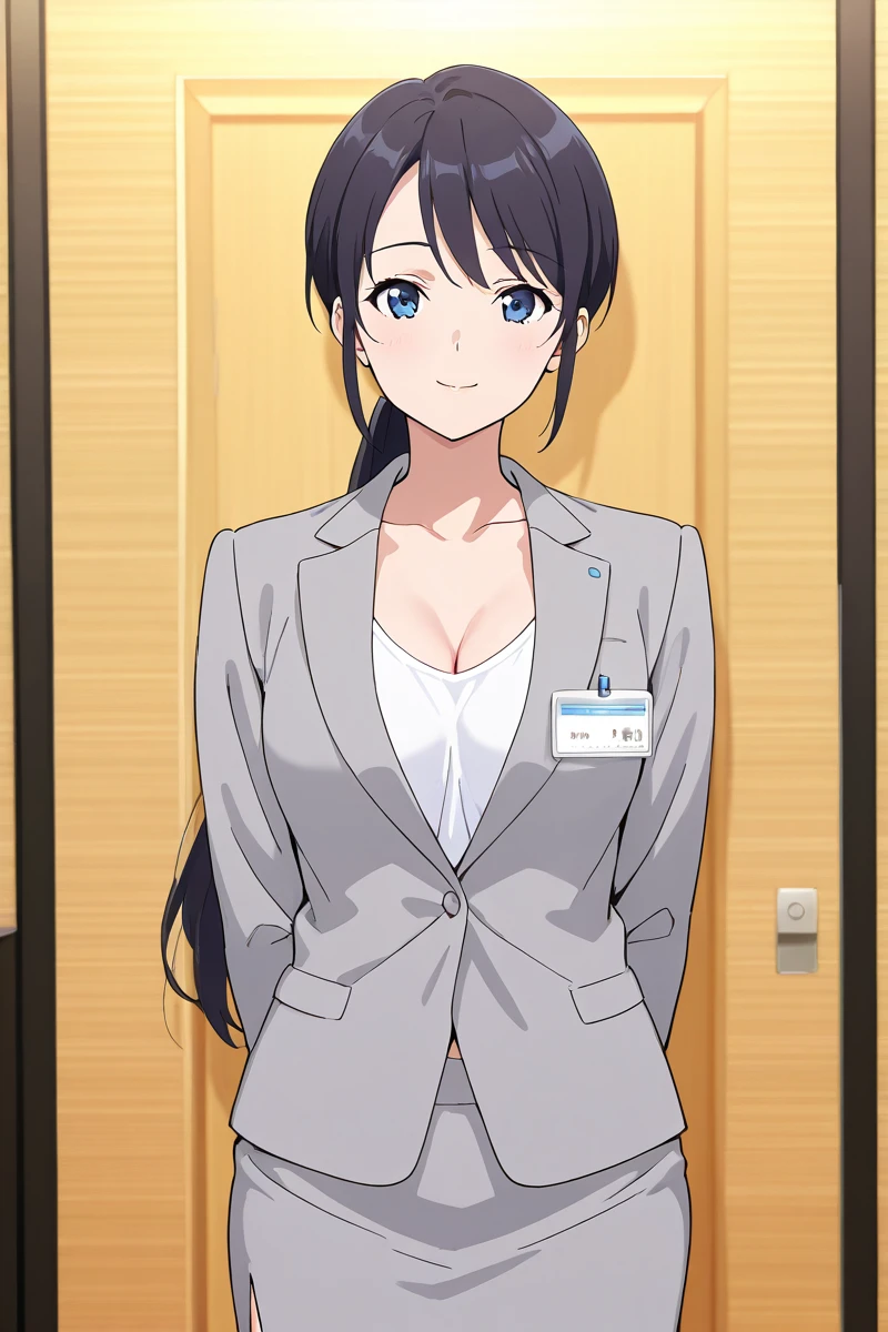 ameku mazuru, 1girl, solo, long hair, looking at viewer, smile, bangs, blue eyes, skirt,hotel lobby, shirt, black hair, long sleeves, jewelry, closed mouth, standing, jacket, cowboy shot, white shirt, ponytail, miniskirt, formal, suit,  grey skirt, pencil skirt, grey jacket, office lady, skirt suit, medium breast, cleavage , collarbone,  <lora:Ameku_Mazuru_ATSK_Illus:1>  <lora:HandFixer_pdxl_Incrs_v1:1> make up,