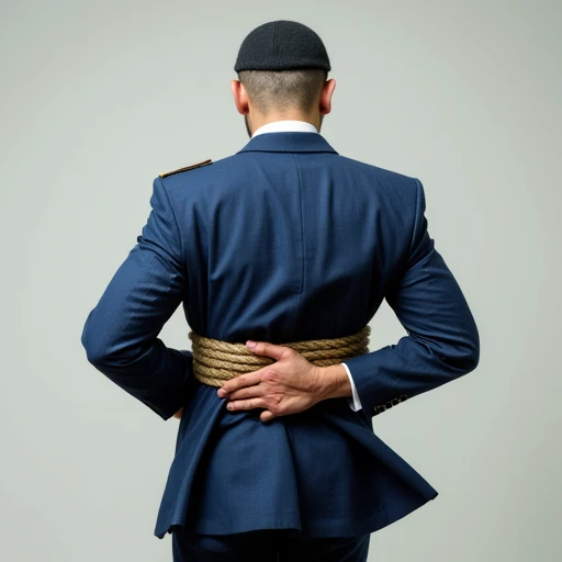 very short hair, uniform, arms held close to body and hands near waist, dress shirt, holding weapon, closed mouth, grey hair, hands are at sides, male focus, back straight, shoes, blue shirt, parted lips, open jacket, bara, suit, military hat, black footwear, jacket, faceless male, facing away, tightly restrained, the man has his behind his back using a thick coarse rope, immobilized, white shirt, standing, beanie, weapon, brown footwear, beard