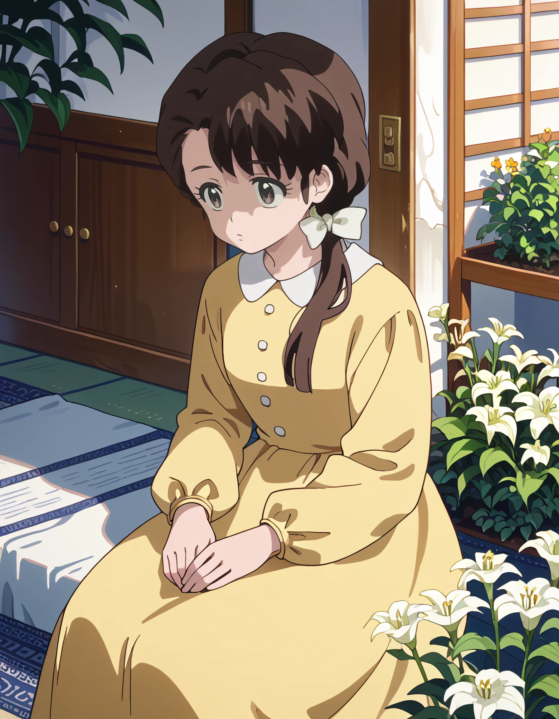 <lora:kasumi_tendou_pony:1> score_9, score_8_up, score_7_up, source_anime, rating:safe, kasumi_tendou, long_hair, brown_hair, ponytail, low_ponytail, white_bow, hair_bow, brown_eyes, long_sleeves, yellow_dress, 1girl, architecture, chrysanthemum_print, east_asian_architecture, floral_print, flower, hanfu, indoors, lily_\(flower\), qixiong_ruqun, sitting, solo, white_flower, yellow_flower, shadow, contrast, glow, masterpiece, detailed, best_quality