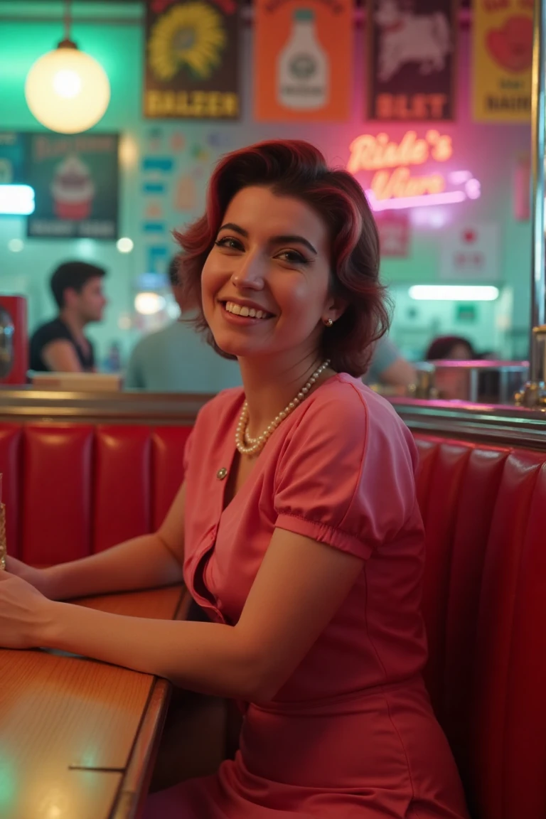 film grain, high quality. HortyUnderscore. A 1950s siren, resplendent in a fitted dress and pearl necklace, sits poised in a red vinyl diner booth, surrounded by the cheerful din of chrome accents and vintage posters. Soft, pulsing neon hues - turquoise, pink, and yellow - cast a warm ambiance, illuminating her refined features and perfectly coiffed hair.beauty smile.