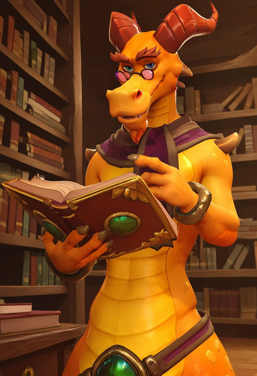 score_9_up, score_8_up, score_7_up, Masterpiece, best quality, high quality, detailed, male, solo male, 1boy, Cedric, anthro, dragon, mature male, horns, orange body, athletic build, blue eyes, bushy eyebrows, yellow underbelly, purple glasses, holding book, indoors, library, half-lidded eyes, smiling, looking at viewer, standing, half body