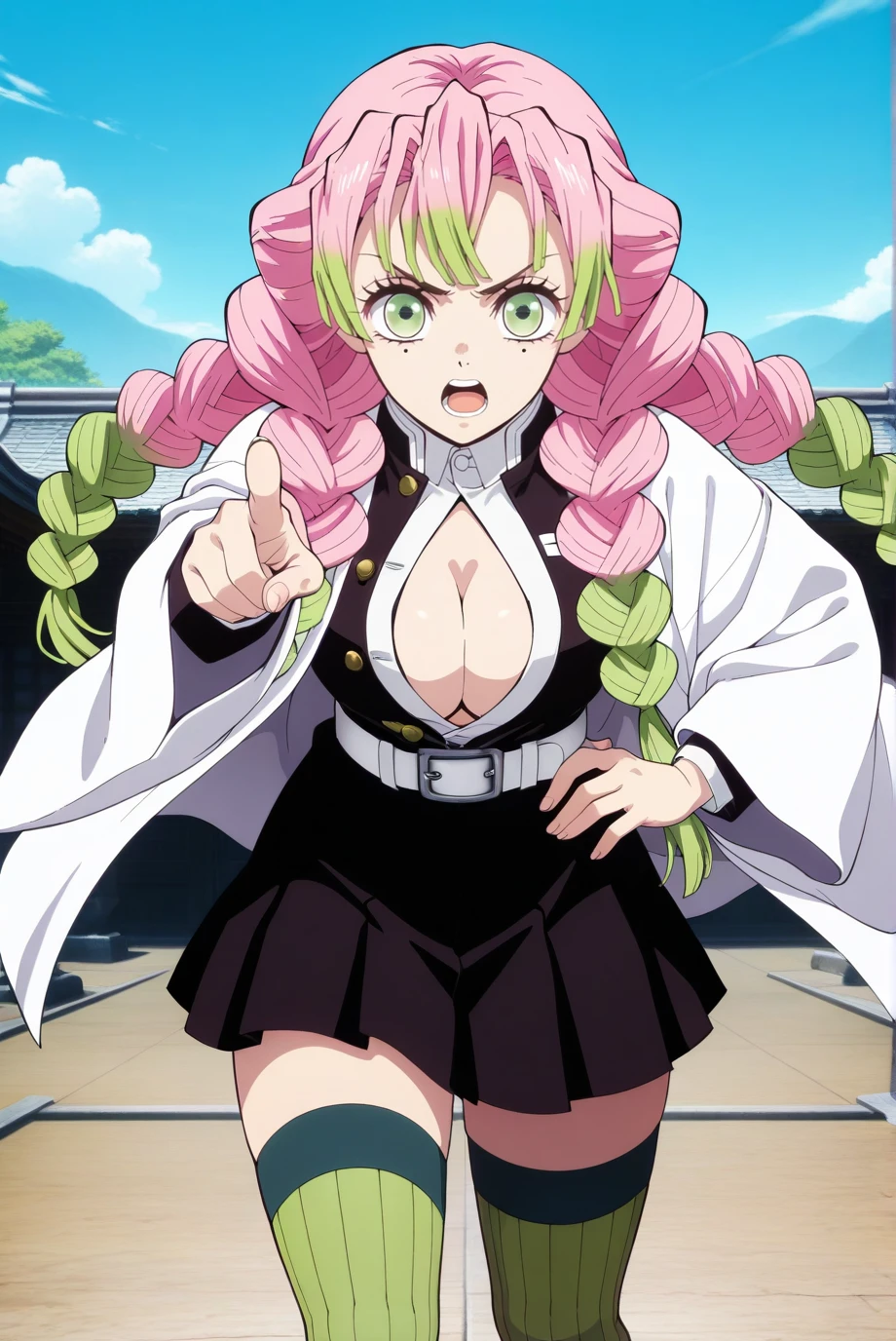 1girl, klara_\(pokemon\), klara(pokemon), huge_breasts, shirt, dolphin_shorts, groin, navel, down_jacket, puffy_sleeves, looking at viewer, collared shirt, pink hair, fur coat, smile, lips, standing, hairband, white coat, eyeshadow, makeup, solo, white jacket, gloves, dynamax band, pink eyeshadow, bow, white background, 
<lora:klara_pokemon:0.8>