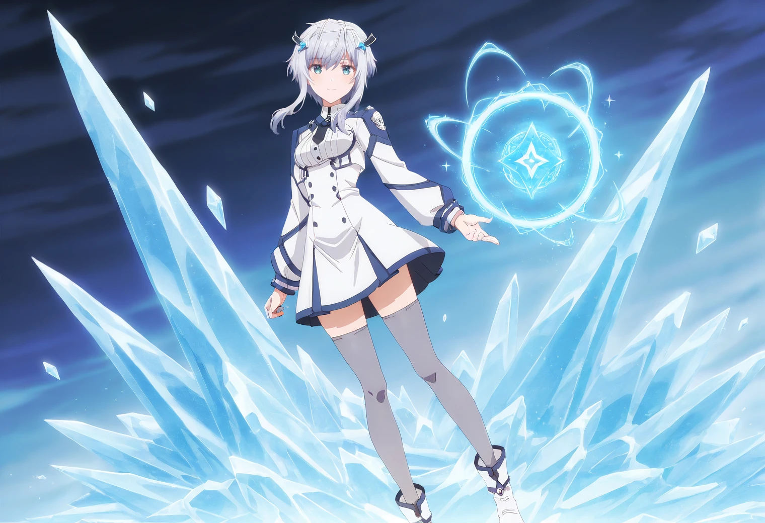 MishaNecron, 1girl, short hair with long locks, hair ornament, sidelocks, grey hair, grey thighhighs, white dress, uniform, white ankle boots <lora:MishaNecron-4-4-Illustrious:0.85>, looking at viewer, light smile, masterpiece, best quality, 8k, high resolution, anime screencap, magic, spell, ice magic,