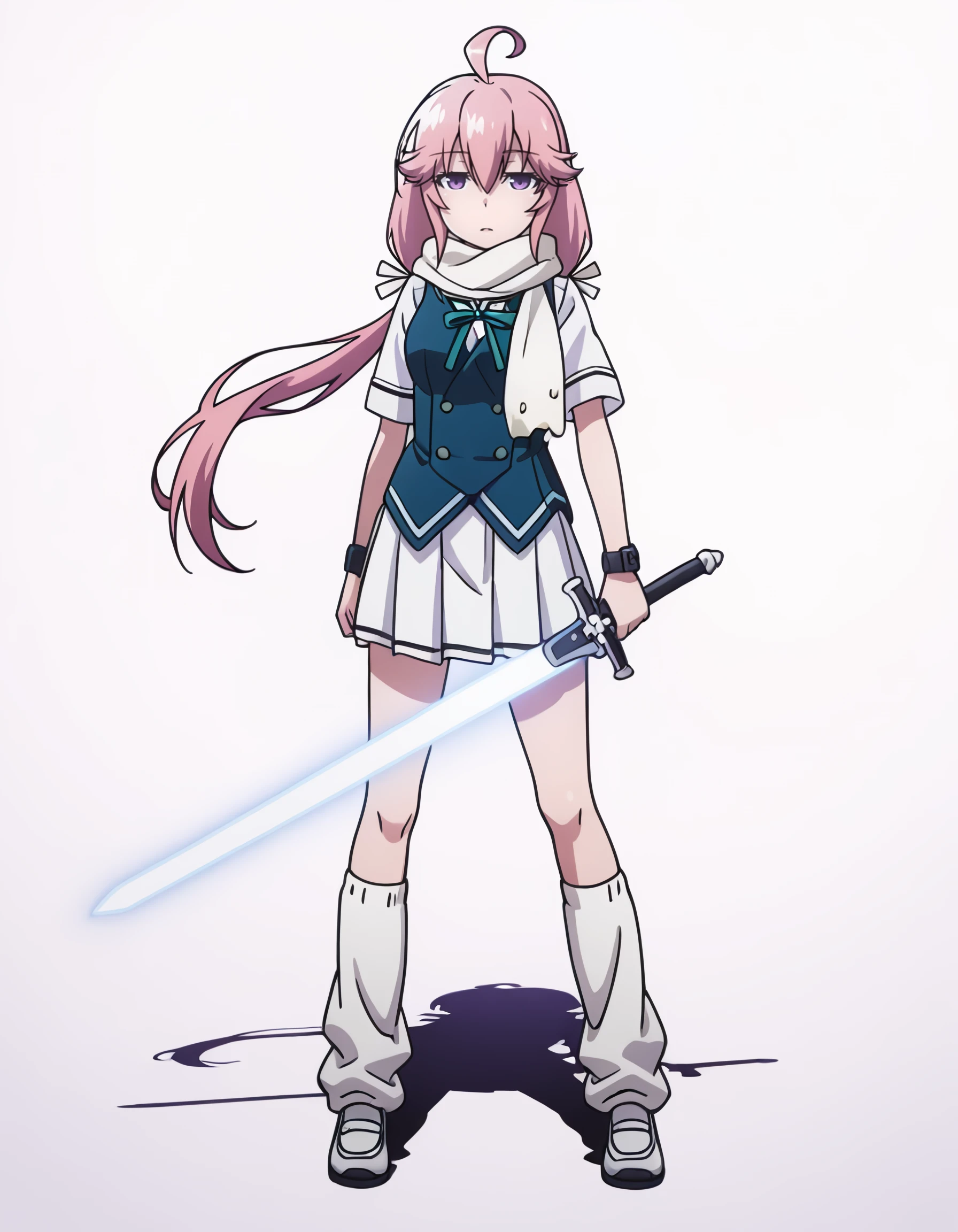 <lora:murasaki_ikoma_IL:1> rating:safe, murasaki_ikoma, pink_hair, ahoge, hair_between_eyes, purple_eyes, white_scarf, school_uniform, short_sleeves, white_shirt, vest, green_ribbon, white_skirt, pleated_skirt, loose_socks, shoes, 1girl, glowing, glowing_sword, glowing_weapon, looking_at_viewer, solo, sword, weapon, white_background, shadow, contrast, glow, masterpiece, detailed, best_quality