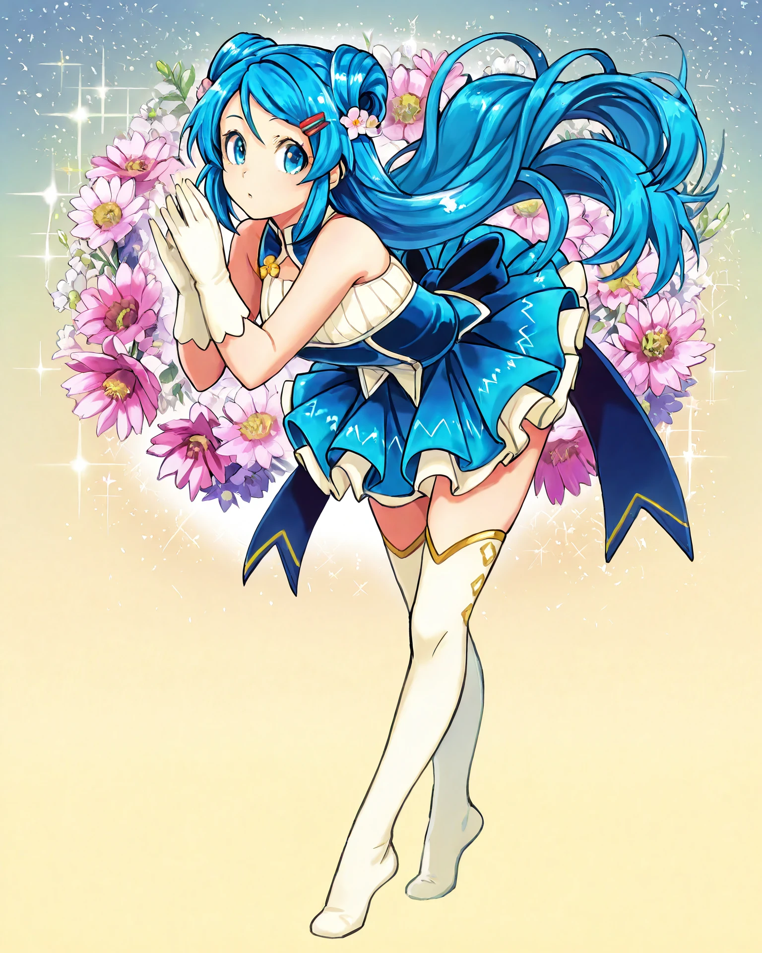 1girl, magal, blue hair, standing on tip-toes, leaning forward, gloves, flowers, hairclips, very detailed clothing, magal clothing, knee-high socks, gradient background, sparkles, jacquard fabric, masterpiece, highest quality, absurdres, digital art, very detailed, <lora:MagicalGirl_Illustrious:1.1>, <lora:Mairimashita_Iruma-Kun:1>