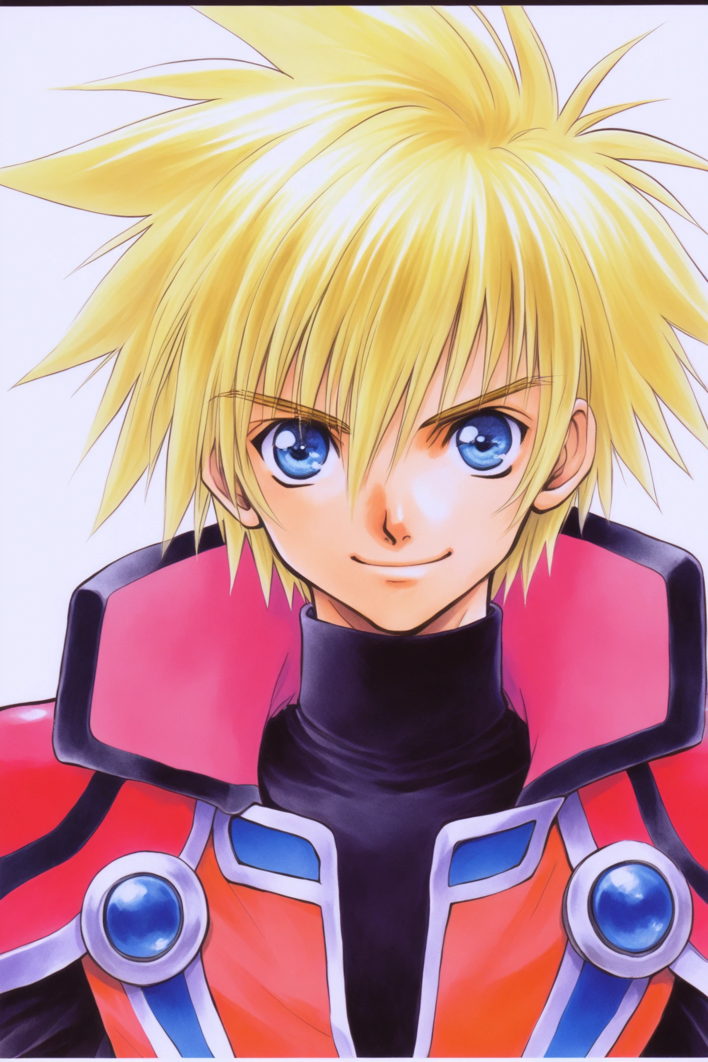 Kyle Dunamis(Tales of Destiny 2),solo,male focus,1boy,blonde hair,blue eyes,white background,spiked hair,simple background,smile,upper body,looking at viewer,watercolor (medium),traditional media,
<lora:Inomata Mutsumi_illustriousXL:0.8>,